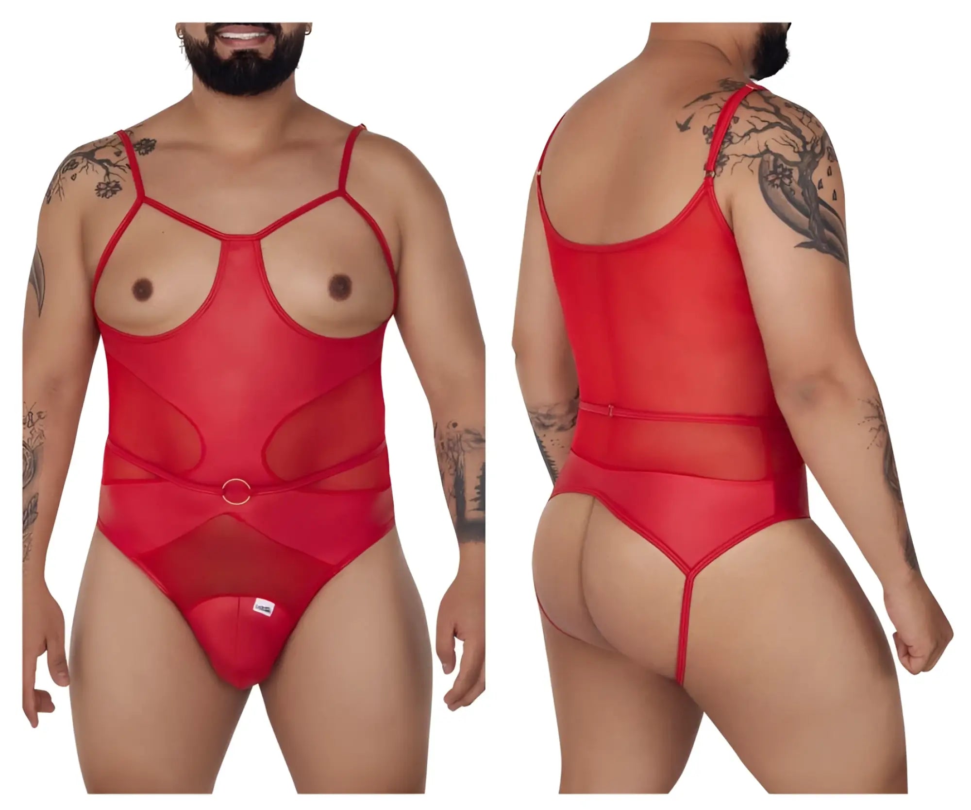 Red CandyMan 99670X harness bodysuit in sheer mesh with thin straps and circular metal buckle at the waist