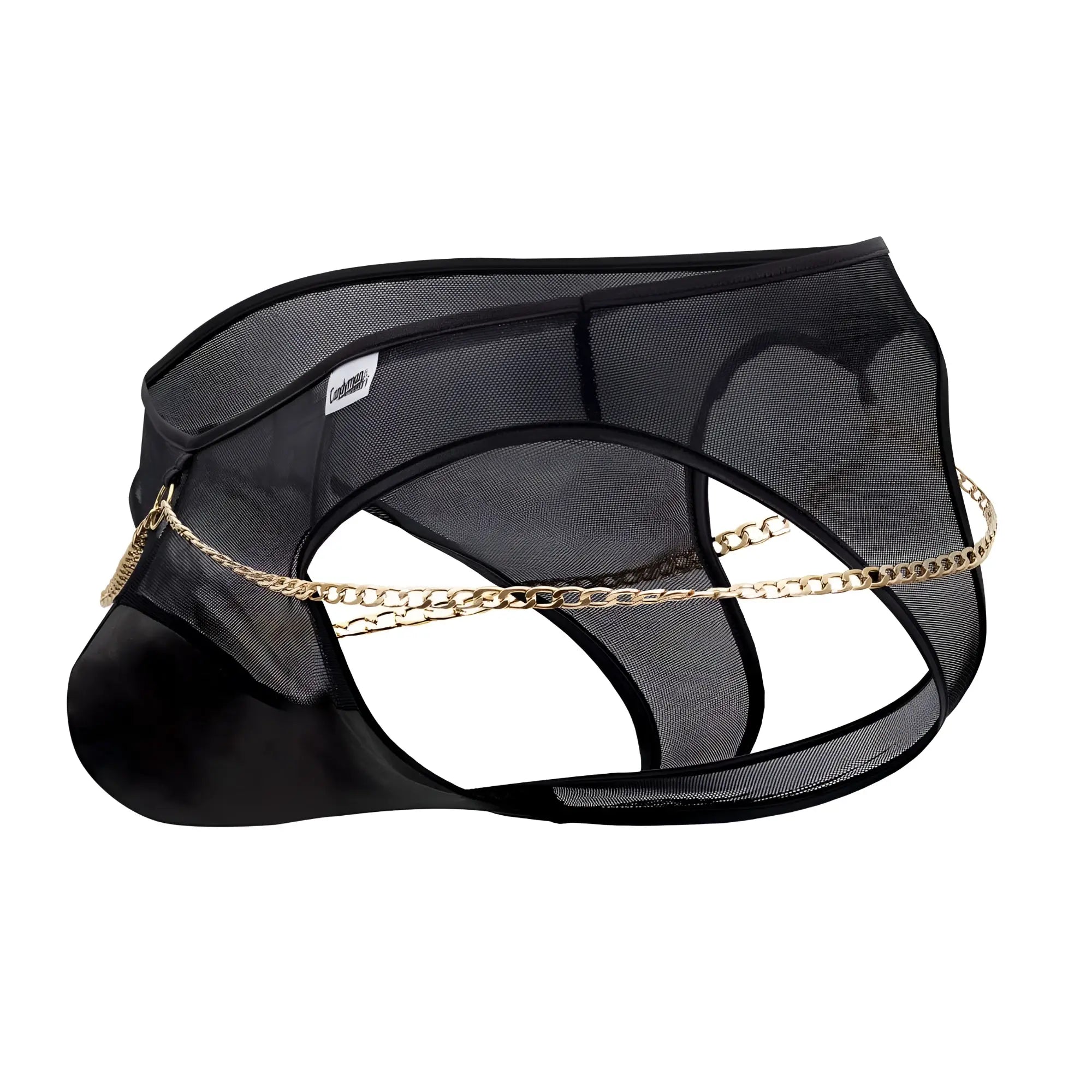 Black mesh candyMan 99672X chain jock briefs for men featuring gold chain detail and breathable fabric