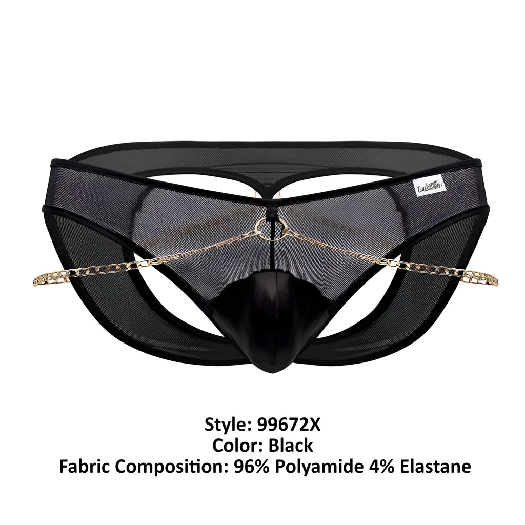 Black mesh thong candyMan 99672X with glossy black central panel and gold chain detailing visible from the front