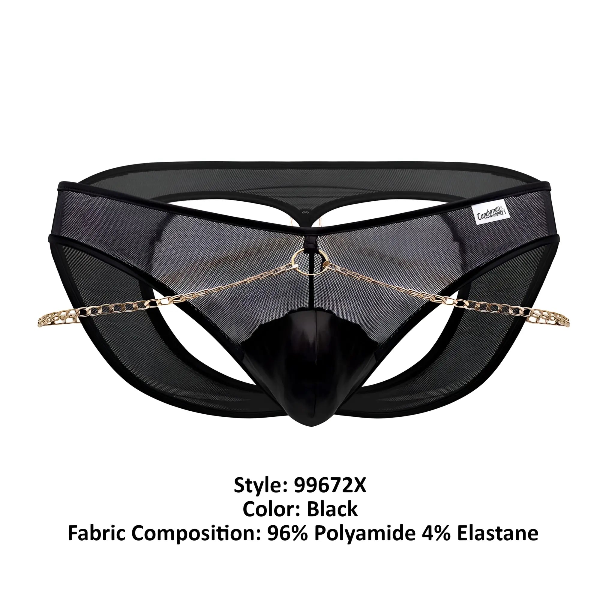 Black mesh thong candyMan 99672X with glossy black central panel and gold chain detailing visible from the front