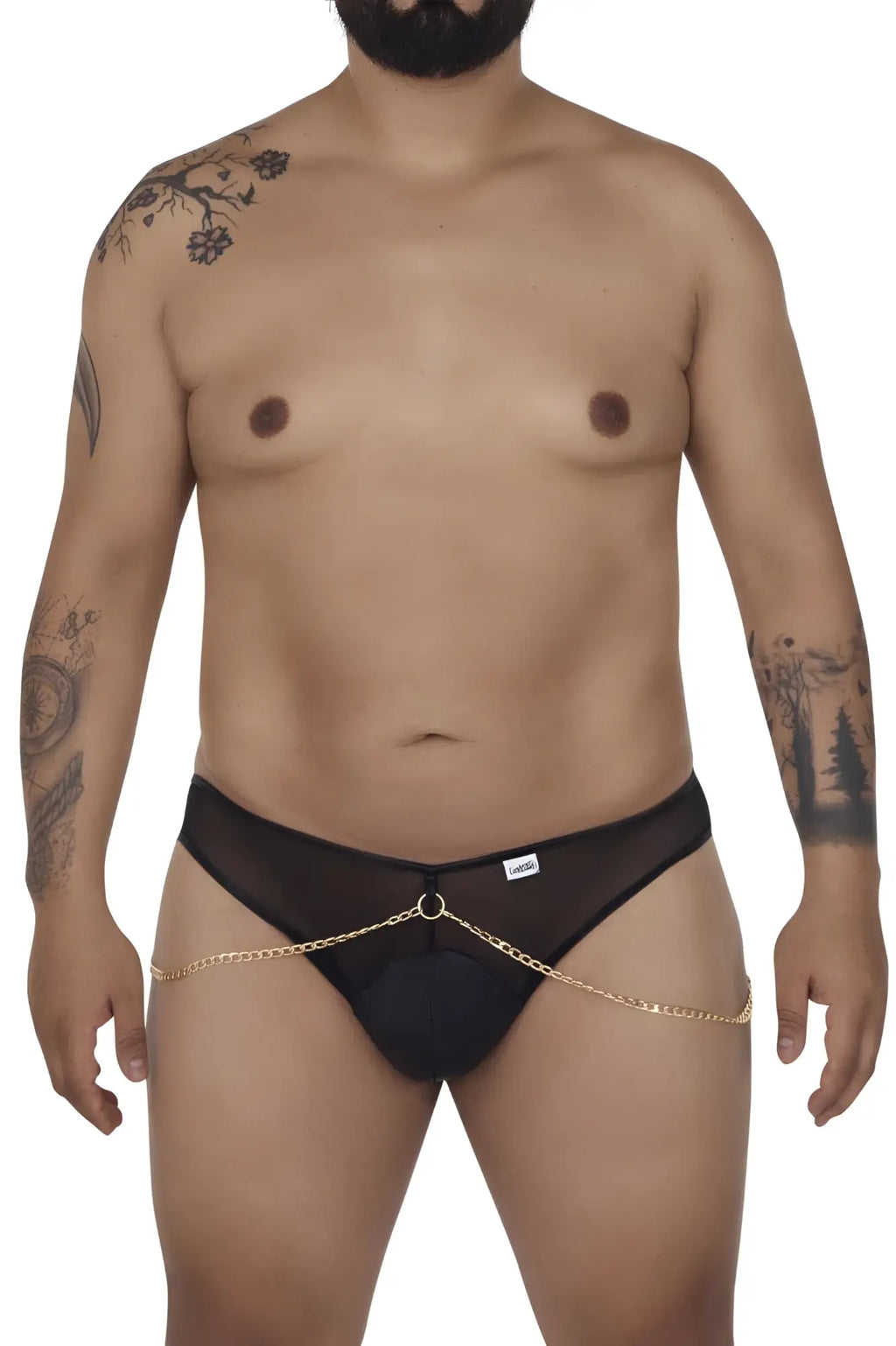 Black mesh thong CandyMan 99672X chain jock briefs with gold chain detailing showing front view
