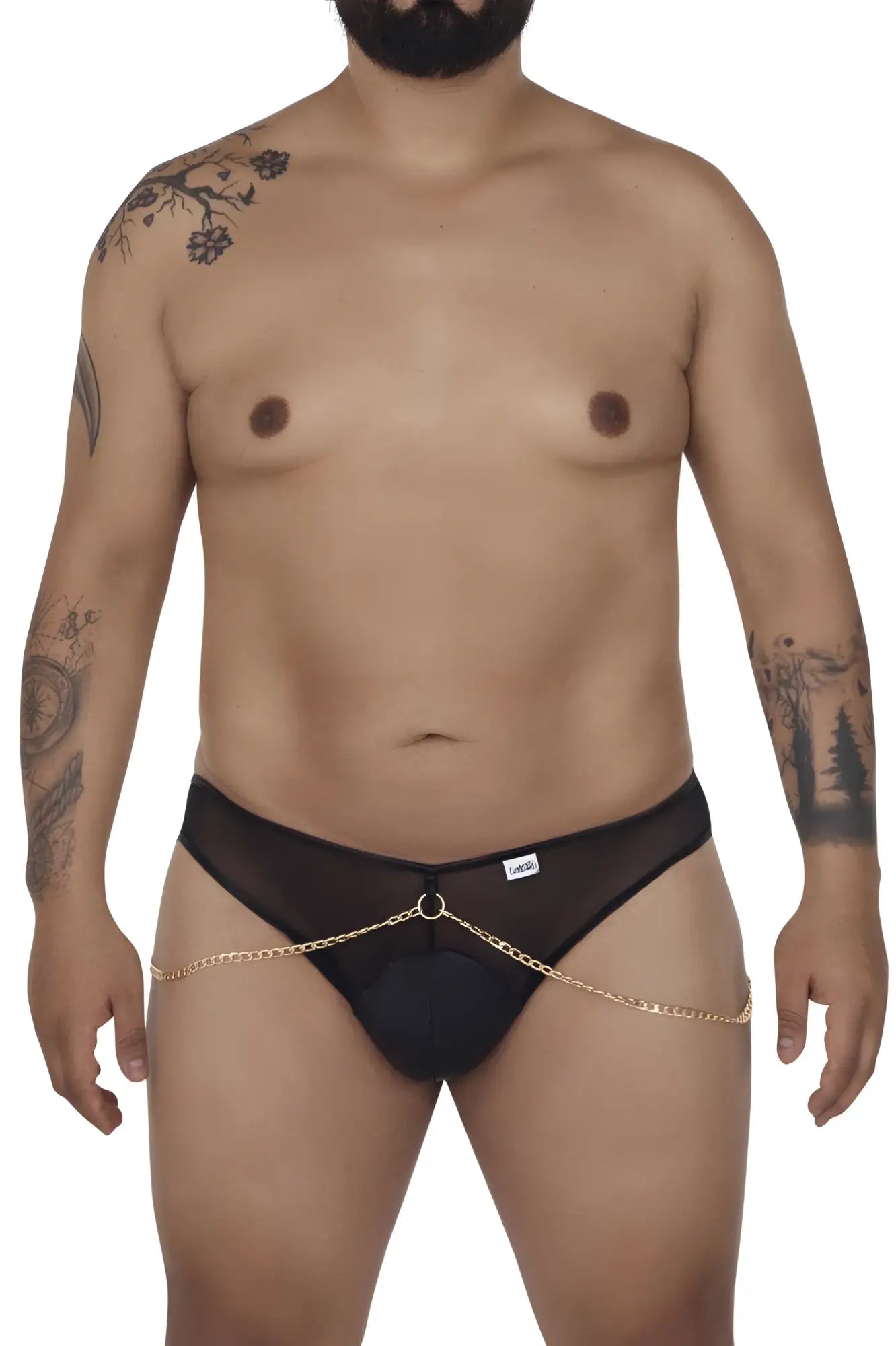 Black mesh thong CandyMan 99672X chain jock briefs with gold chain detailing showing front view
