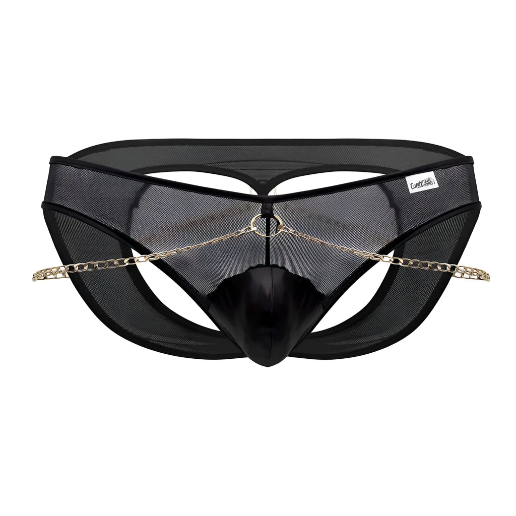 Black mesh thong candy man 99672x chain jock briefs with shiny black center panel and gold chain front detail