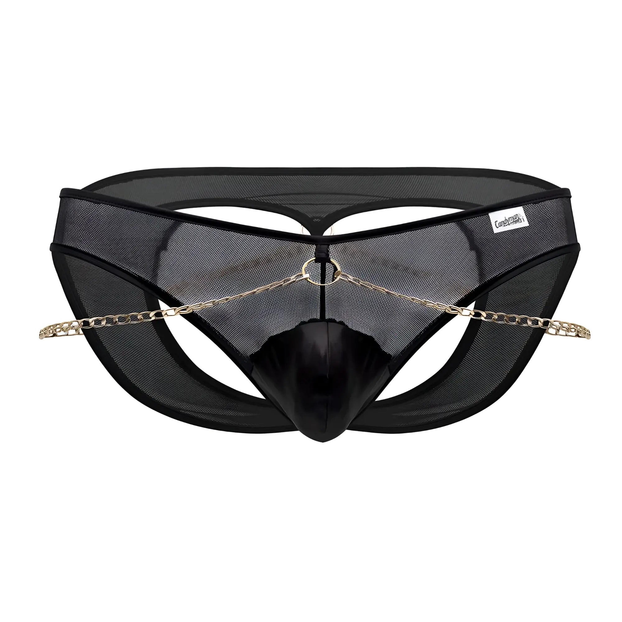 Black mesh thong candy man 99672x chain jock briefs with shiny black center panel and gold chain front detail