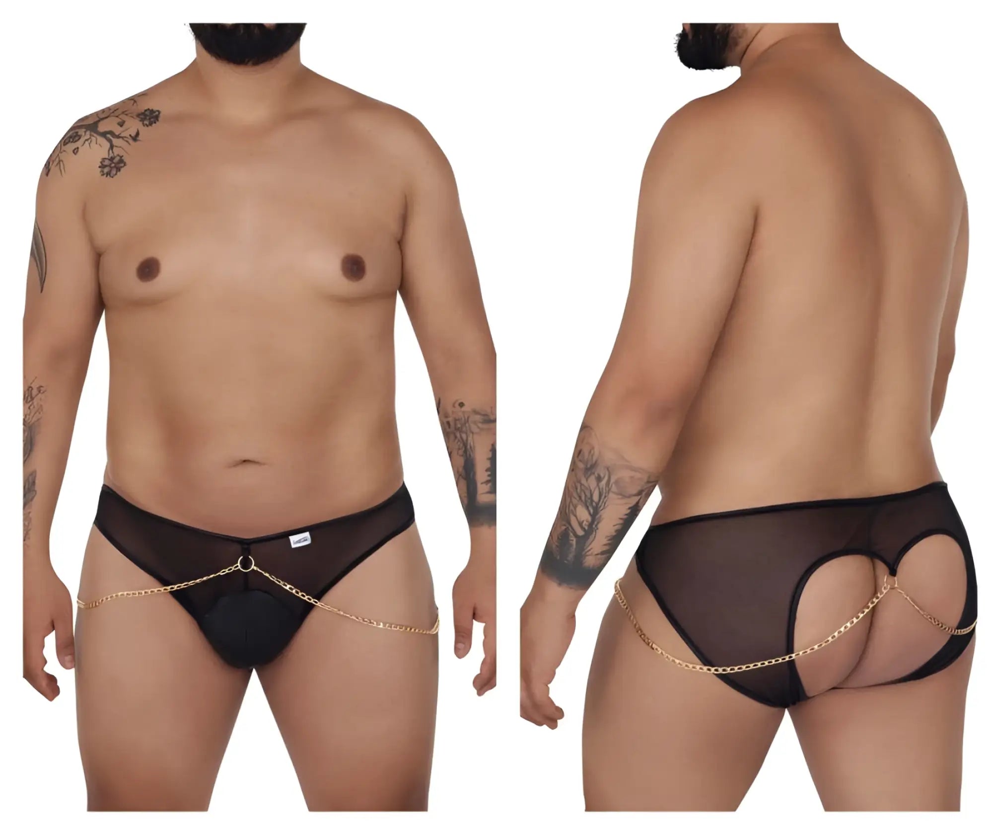 Black sheer mesh CandyMan 99672X chain jock briefs with gold chain detail attached front and back