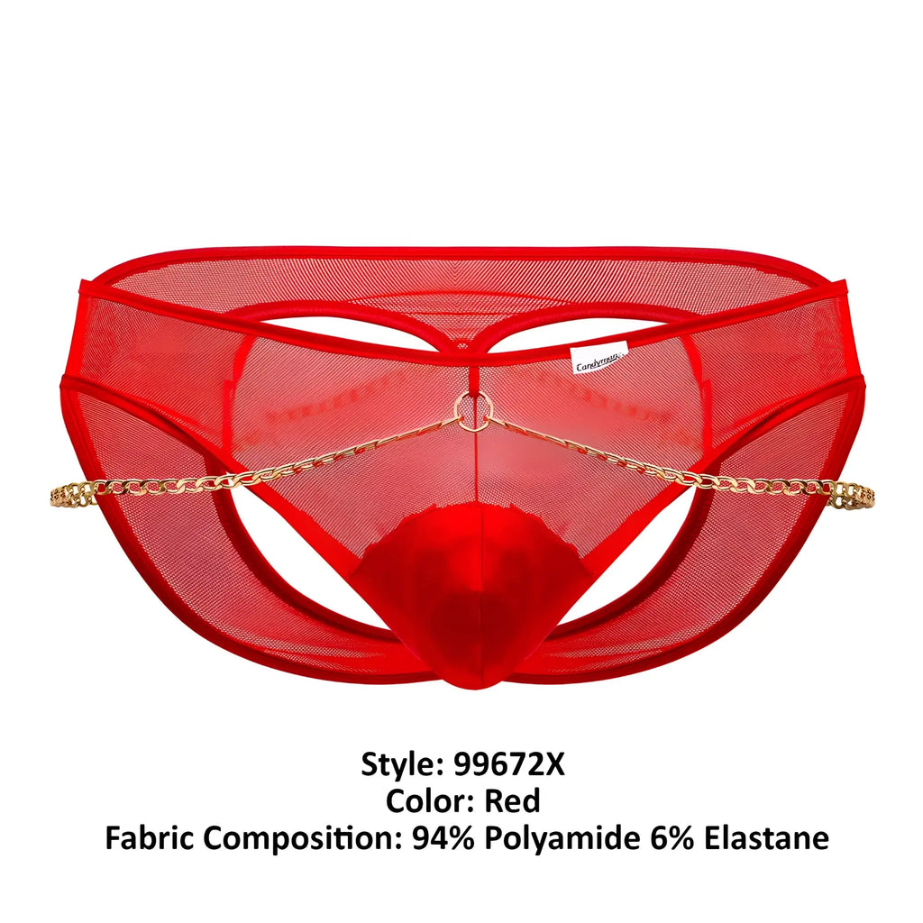 Red mesh CandyMan 99672X chain jock briefs with gold chain detail across the front for men
