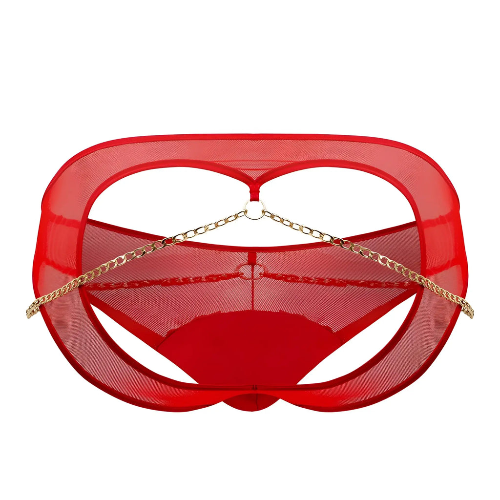 Red mesh lingerie chain jock briefs by candyman featuring a gold chain across the front in vibrant red color