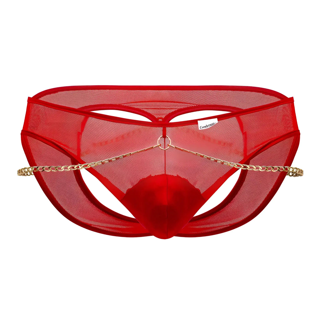 Red mesh thong candyMan 99672X chain jock briefs with gold chain detail showing front side