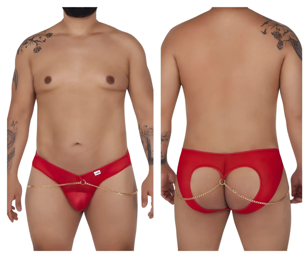 Red mesh thong candyMan 99672X chain jock briefs with gold chain detailing showing the back side