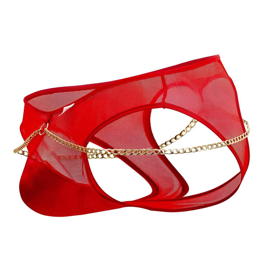 Red sheer mesh candyMan 99672X chain jock briefs with gold chain detailing revealing back design