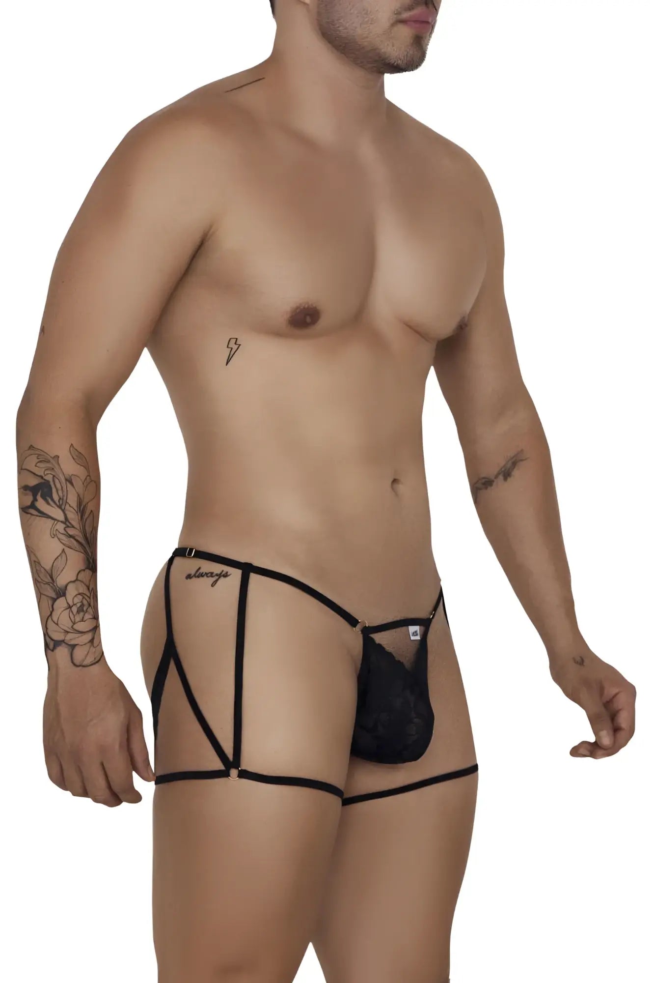 Black lace candyMan 99678 garter thong with adjustable straps and branded logo on the side in black color