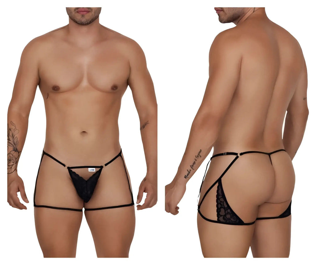 Black lace CandyMan 99678 garter thong with adjustable side straps and floral embroidery back panel visible