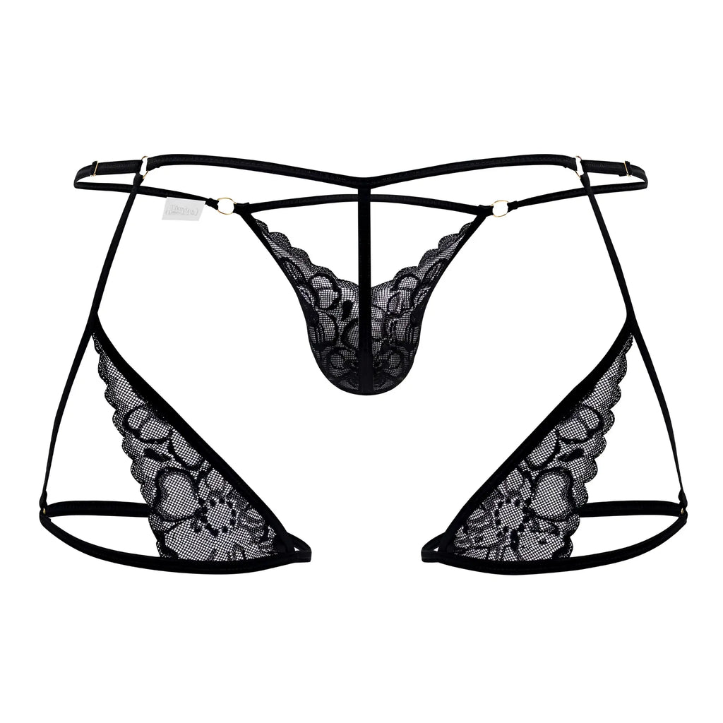 Black lace thong candyMan 99678 garter thong with intricate floral patterns and thin adjustable straps in black