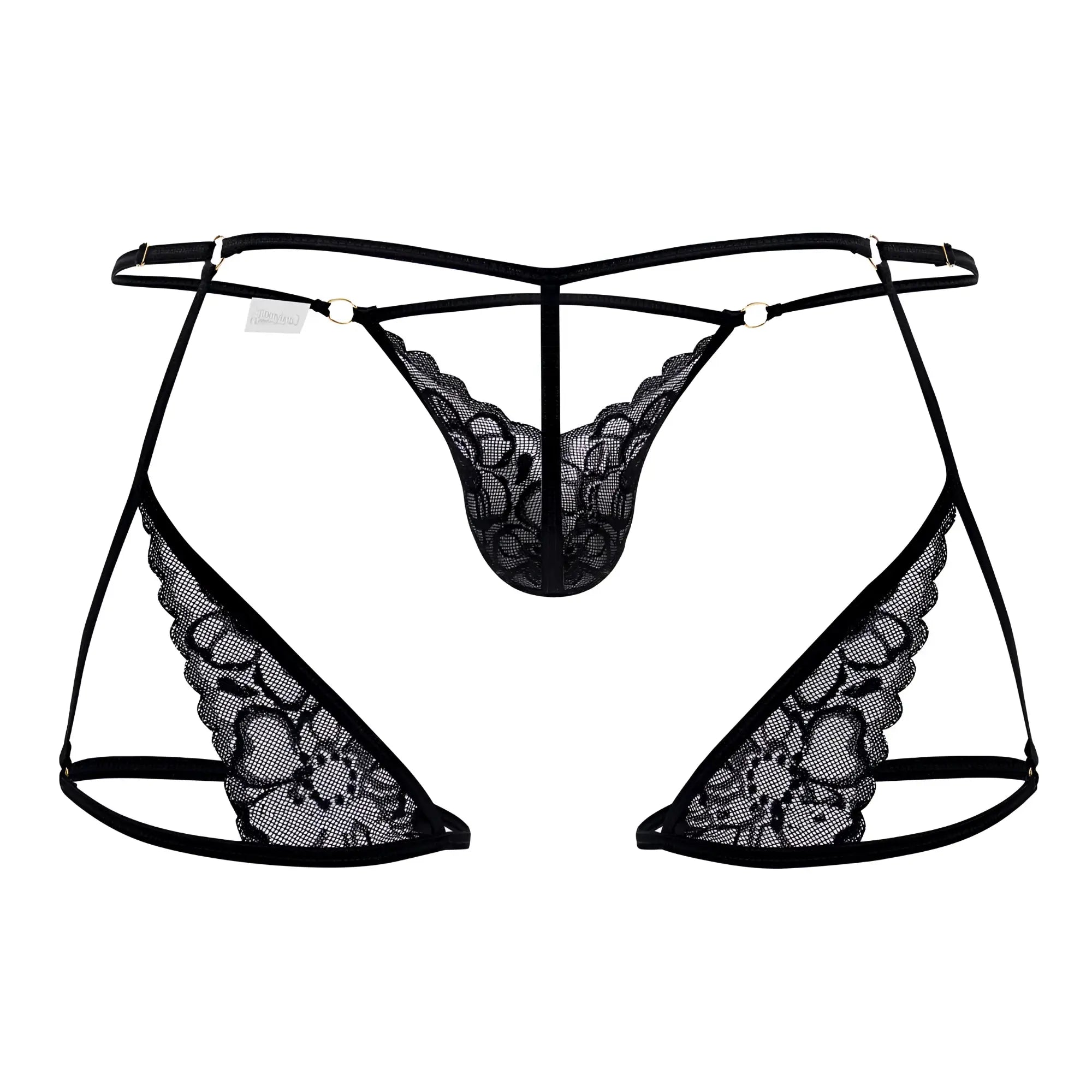 Black lace thong candyMan 99678 garter thong with intricate floral patterns and thin adjustable straps in black