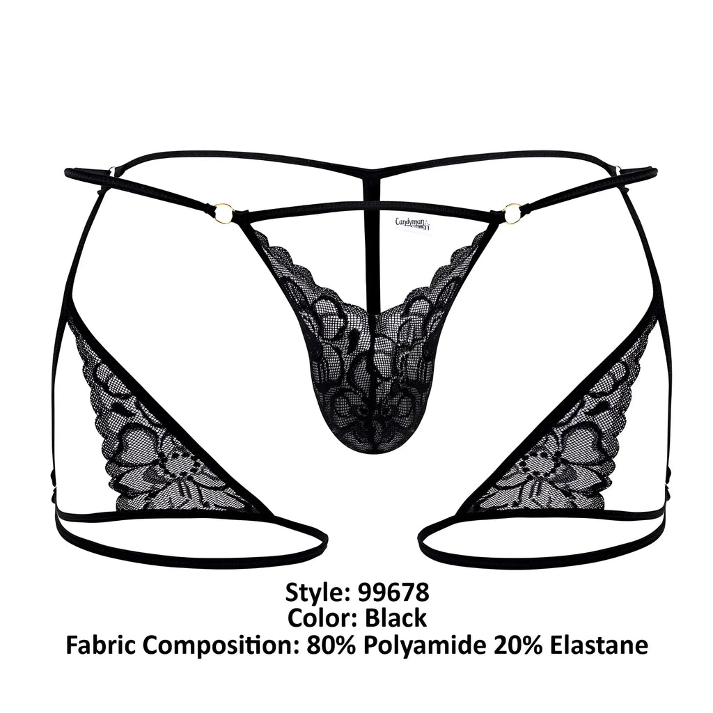 Black lace thong garter thongs candyMan 99678 with intricate floral patterns and thin elastic straps in black