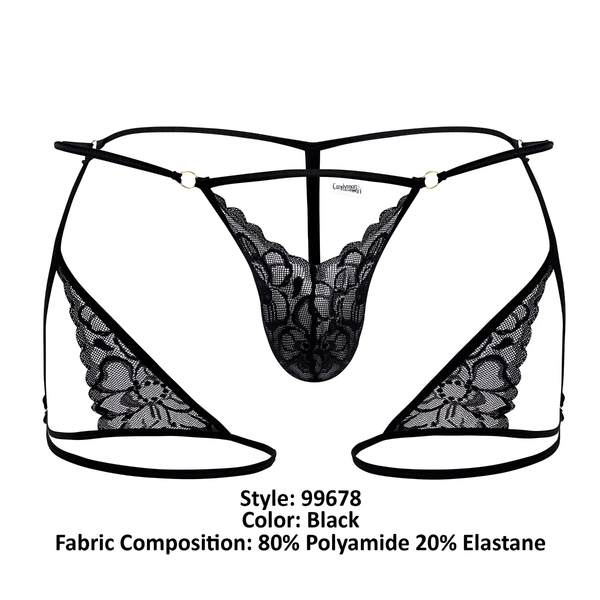Black lace thong garter thongs candyMan 99678 with intricate floral patterns and thin elastic straps in black