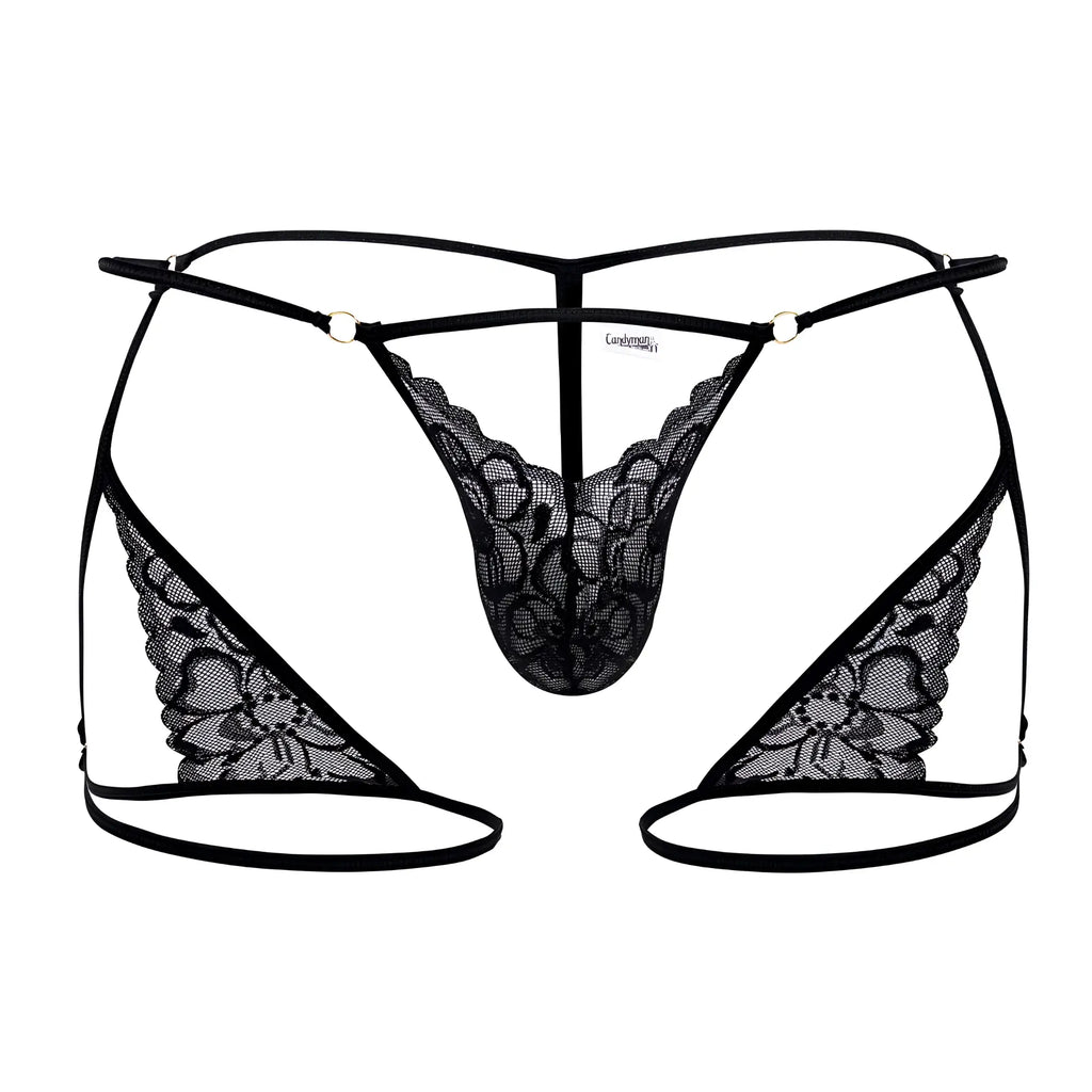 Black lace thong candyMan 99678 garter thongs with intricate floral patterns and thin elastic straps in black