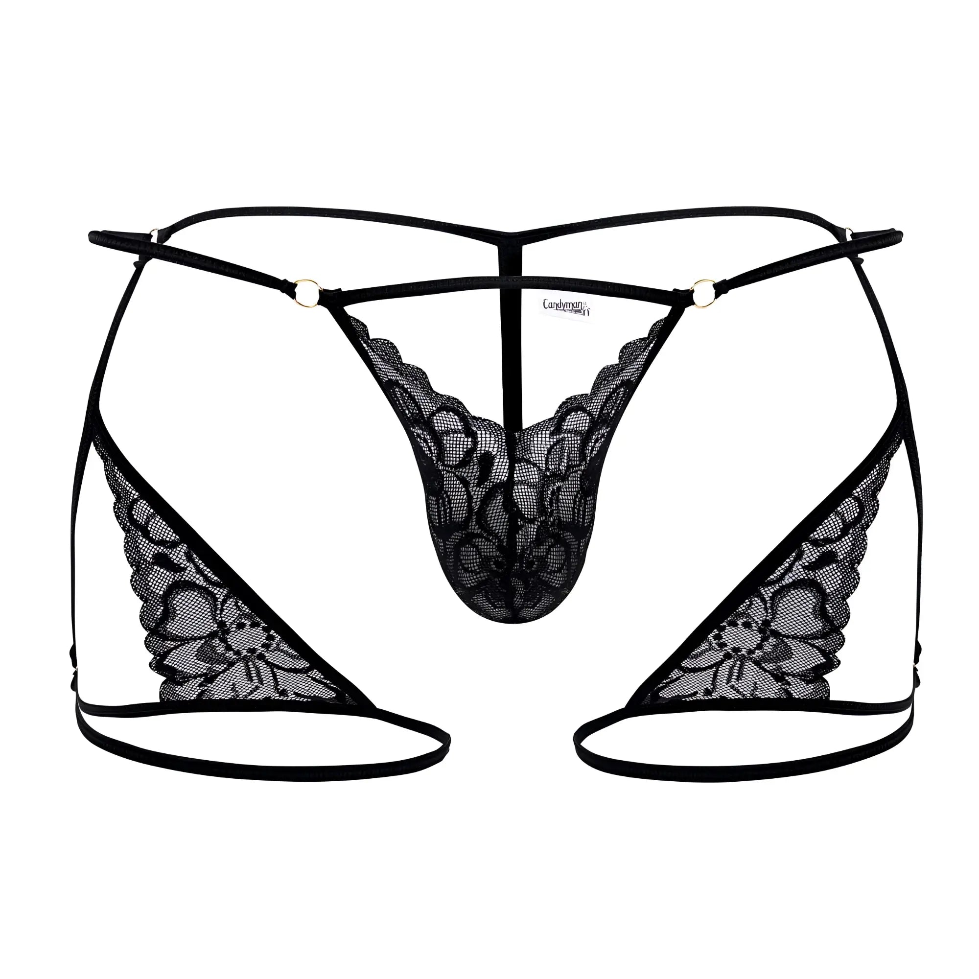 Black lace thong candyMan 99678 garter thongs with intricate floral patterns and thin elastic straps in black