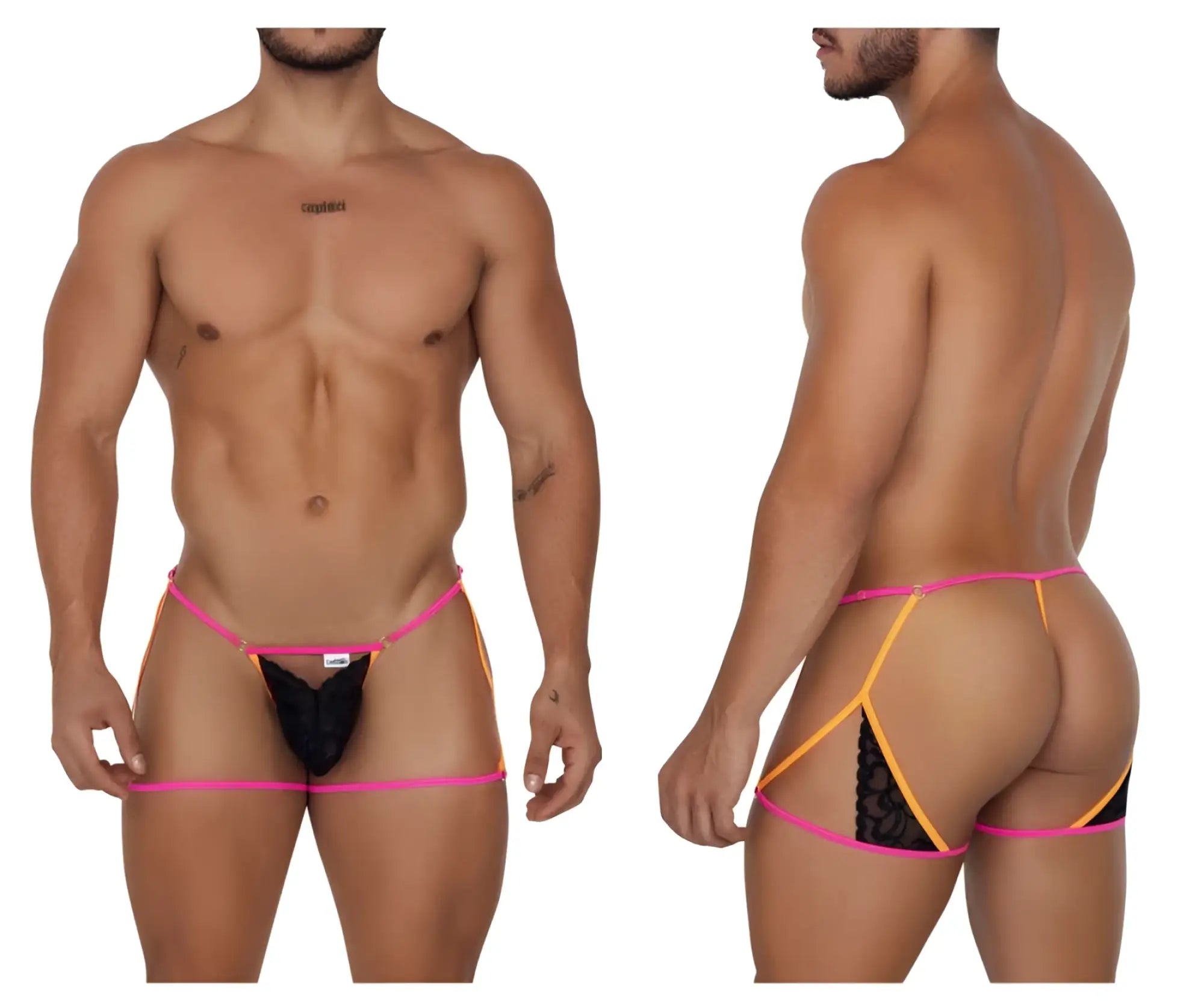 Black lace thong with vibrant pink and orange neon trim from candyman 99678 garter thongs collection