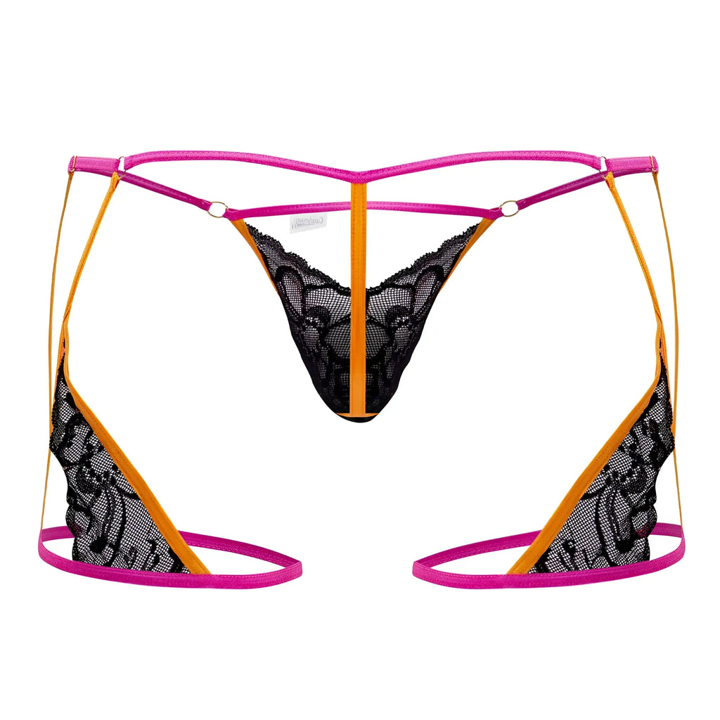 CandyMan 99678 garter thong in black lace with vibrant neon pink and orange straps showing front view