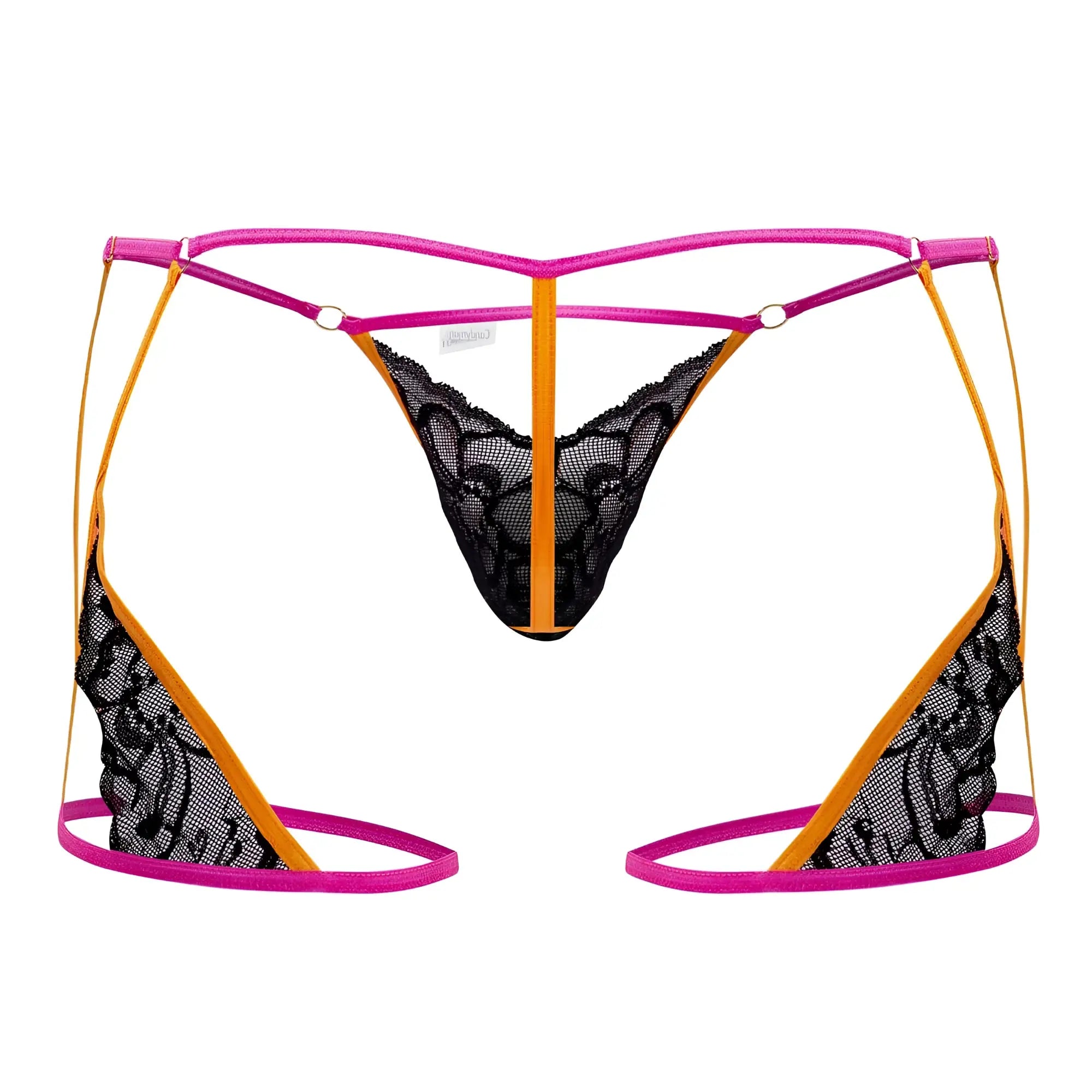 CandyMan 99678 garter thong in black lace with vibrant neon pink and orange straps showing front view