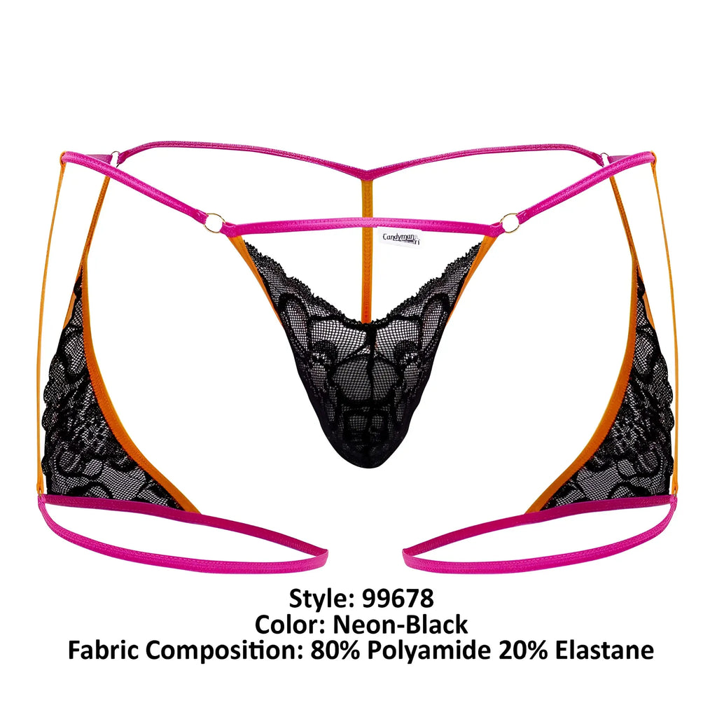 CandyMan 99678 garter thong in neon pink and black lace with orange trim and a sleek modern design