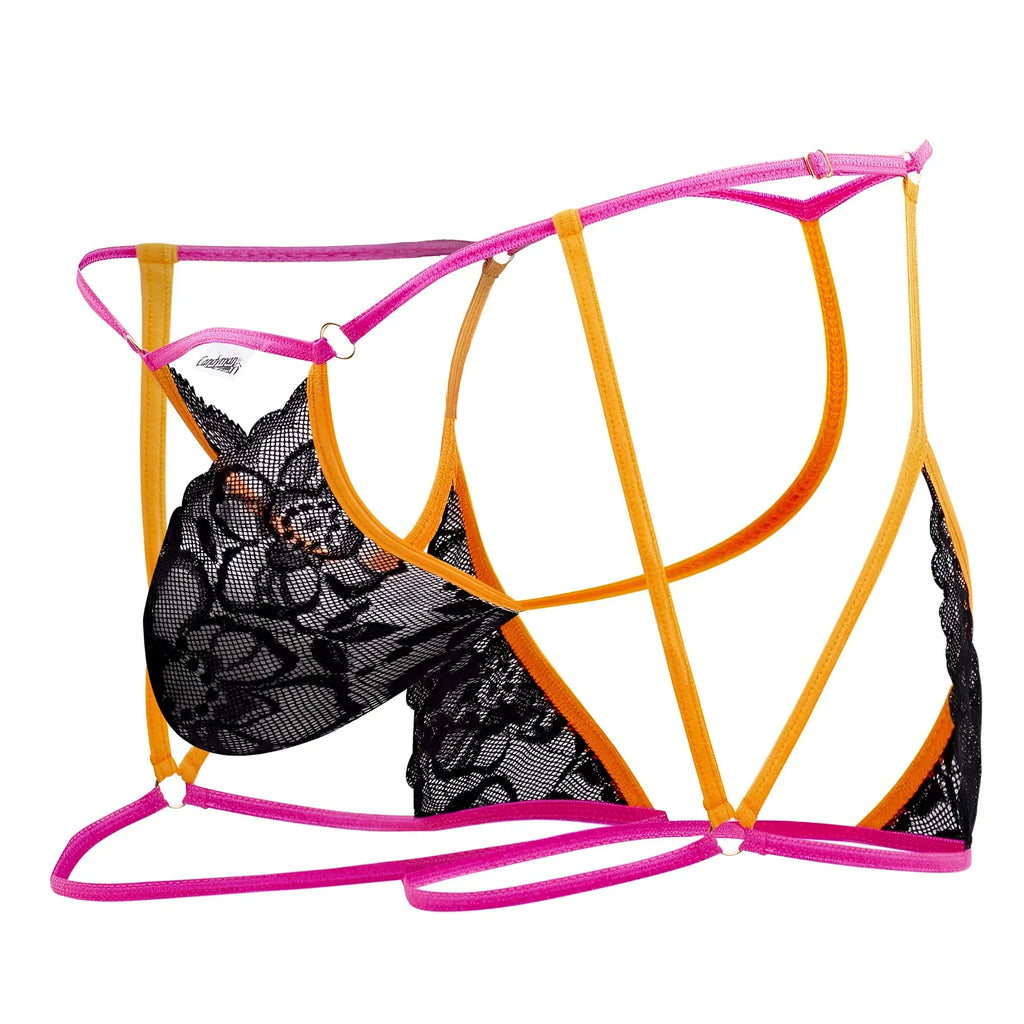 CandyMan 99678 garter thongs in vibrant pink and orange lace with sheer black floral pattern and neon black color accents