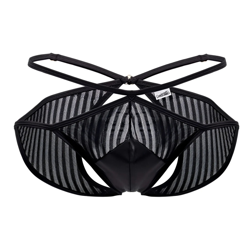 Candyman 99681 mesh briefs in black with glossy front panel and crisscross back straps shown from the back