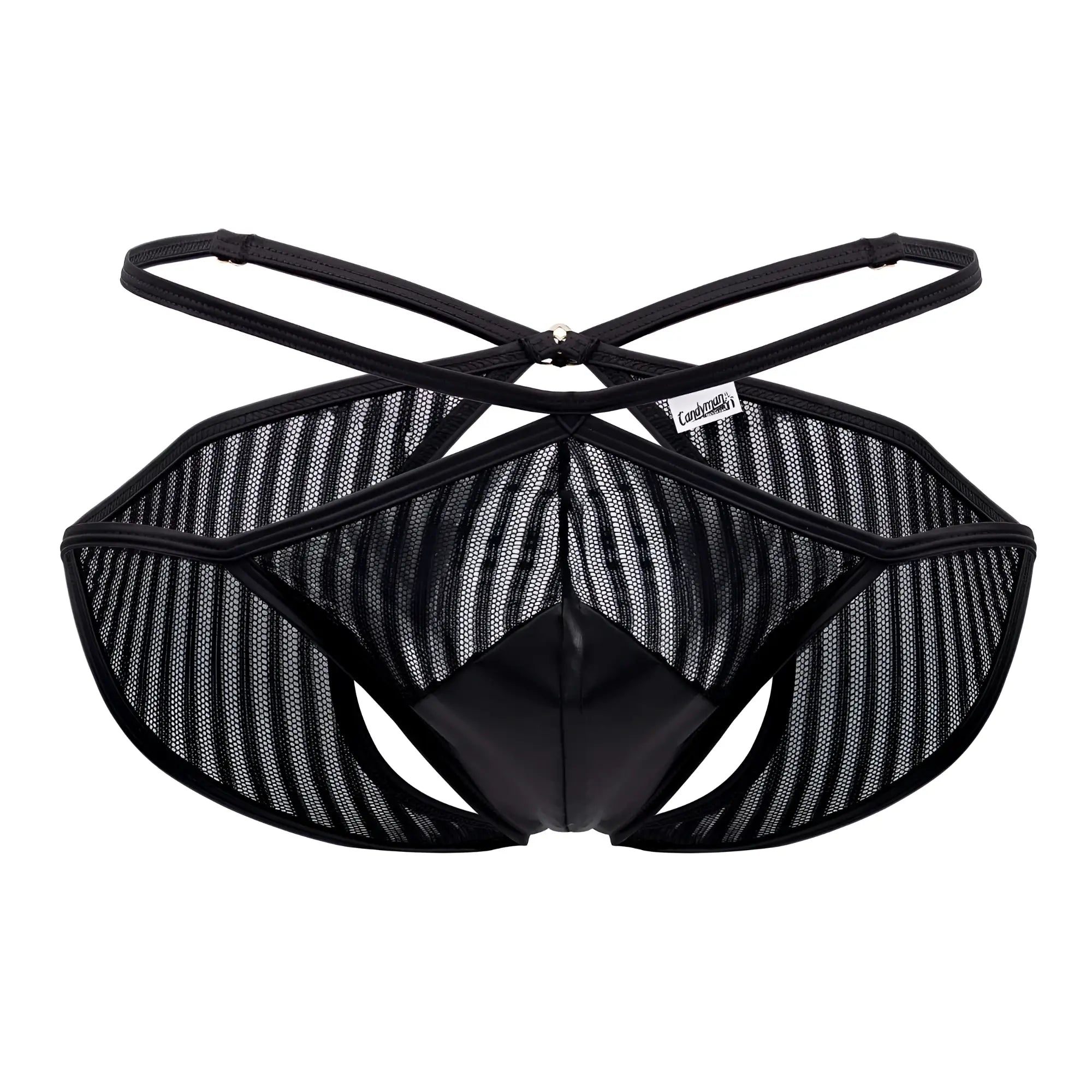 Candyman 99681 mesh briefs in black with glossy front panel and crisscross back straps shown from the back