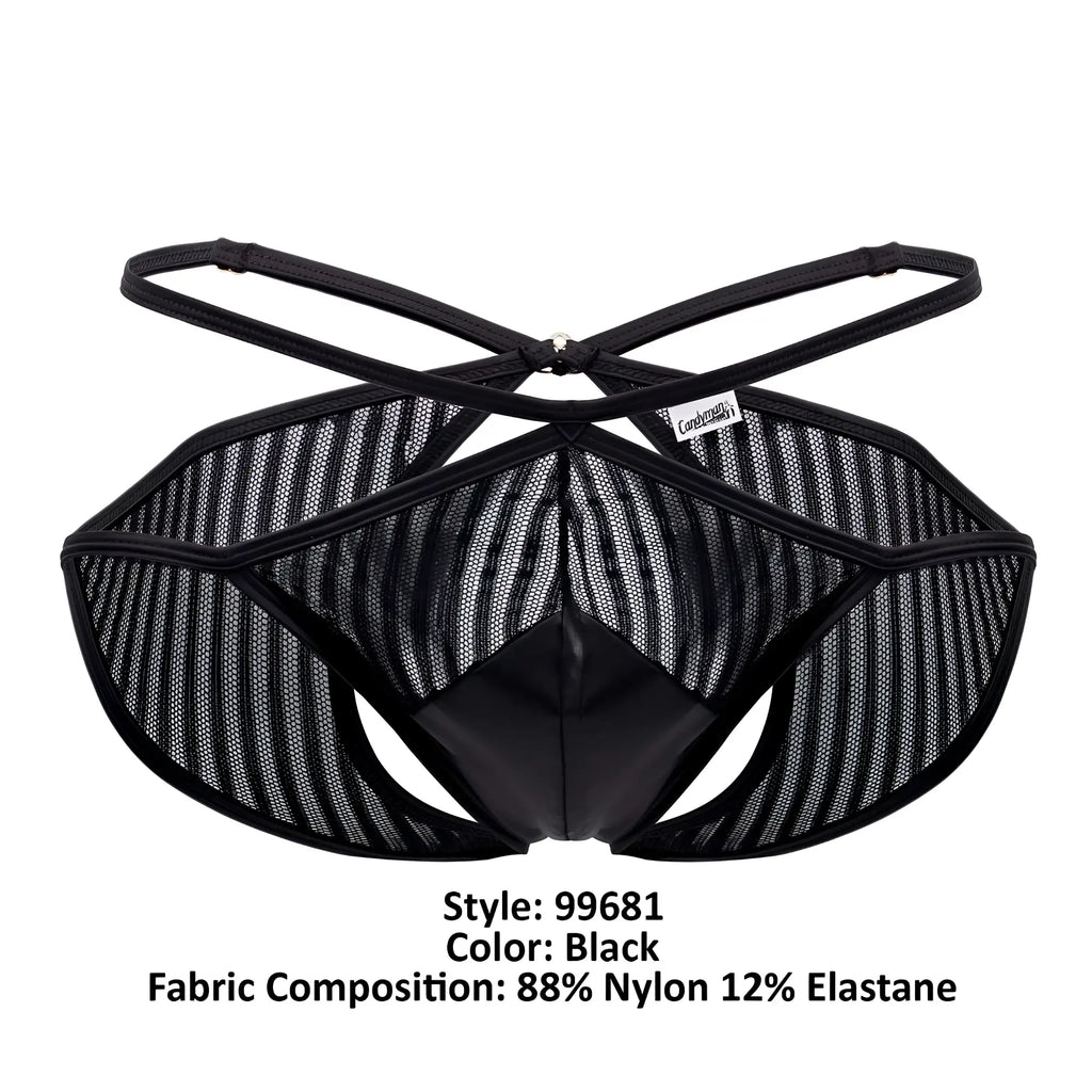 Candyman 99681 black mesh briefs with glossy front panel and crisscross back straps shown from the back side