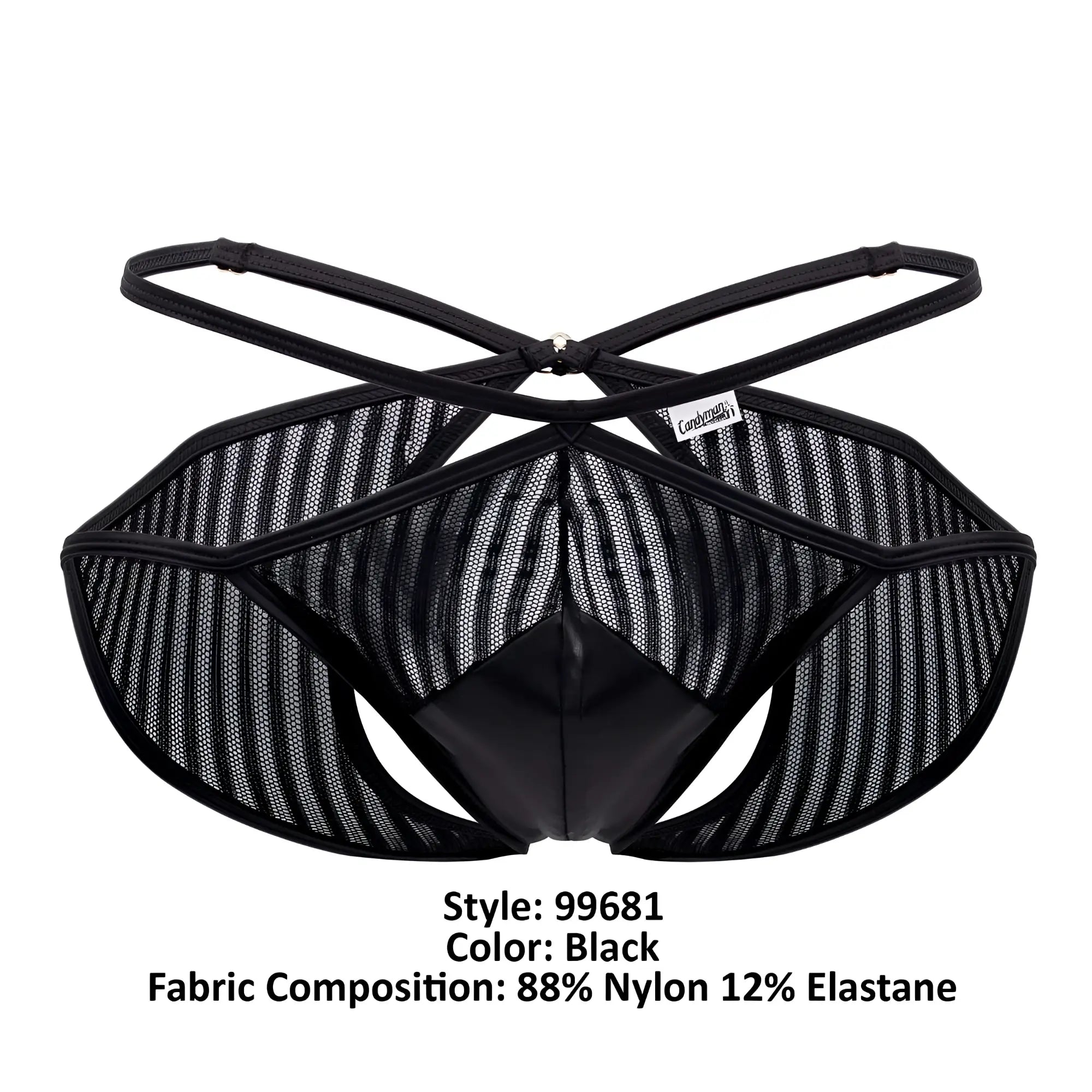 Candyman 99681 black mesh briefs with glossy front panel and crisscross back straps shown from the back side