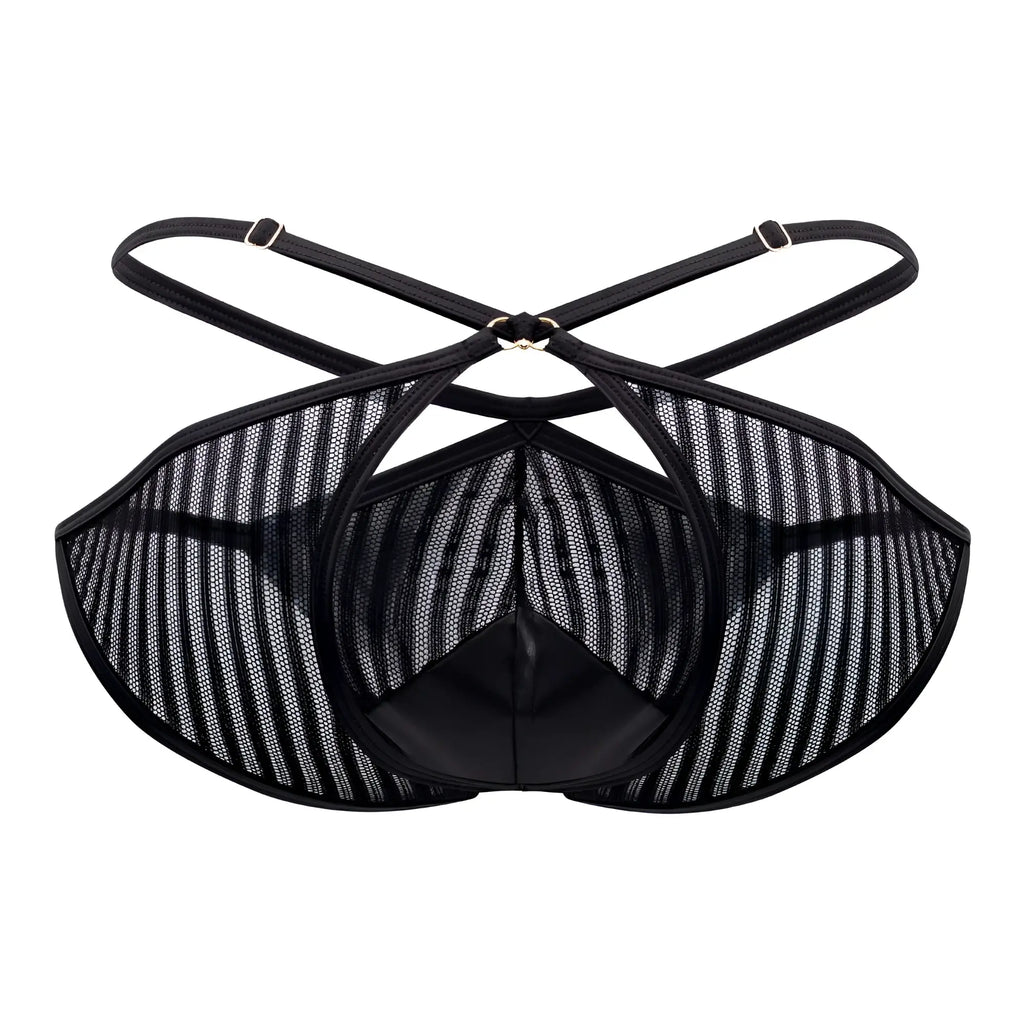 Candyman 99681 black mesh briefs for men featuring a striped pattern with adjustable straps