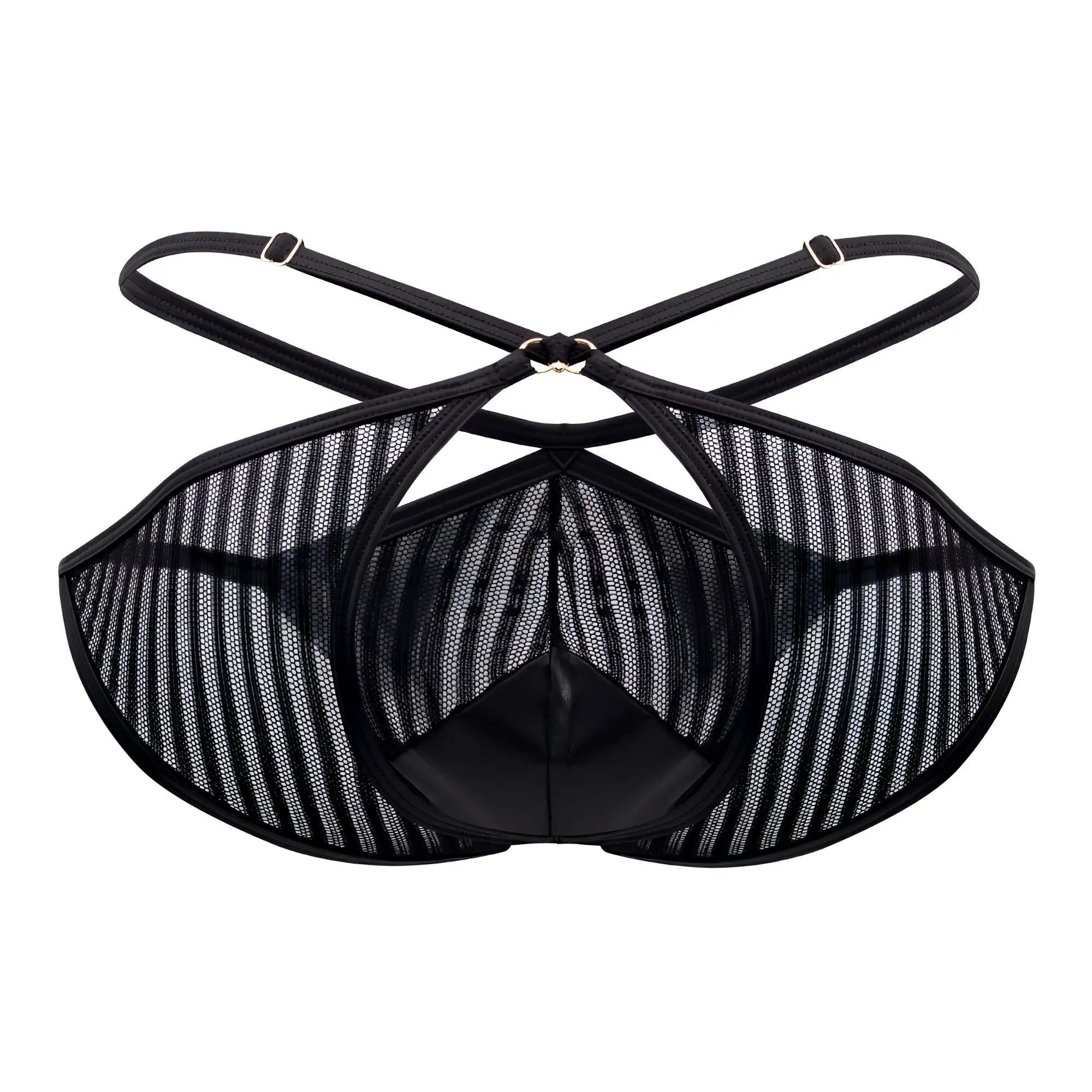 Candyman 99681 black mesh briefs for men featuring a striped pattern with adjustable straps