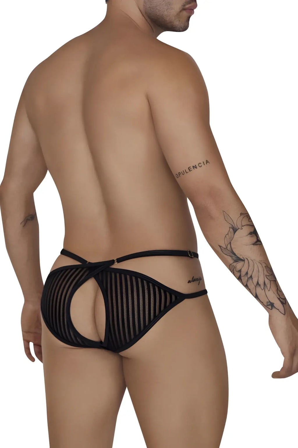 Black CandyMan 99681 mesh briefs with striped pattern and adjustable straps for comfortable fit