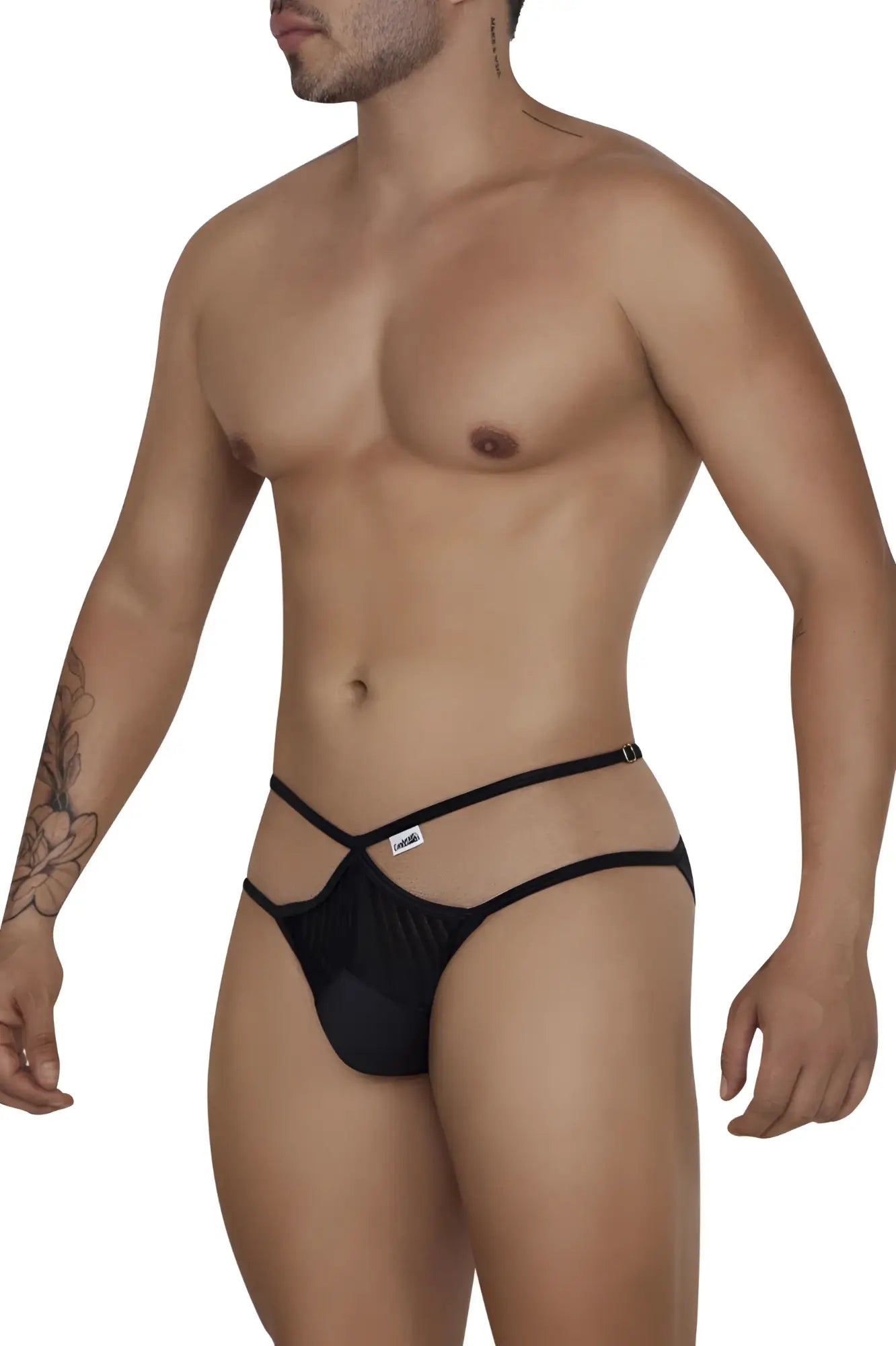 Black mesh thong brief with thin adjustable straps and small brand tag candy man 99681 mesh briefs color black