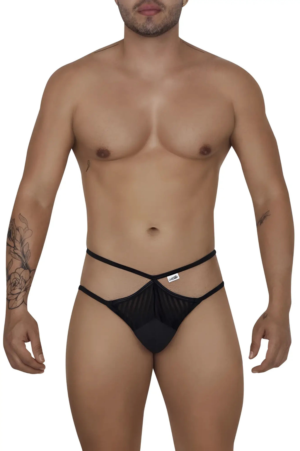 Black mesh thong briefs with crisscross elastic straps by candyman model 99681 in black color showing front view