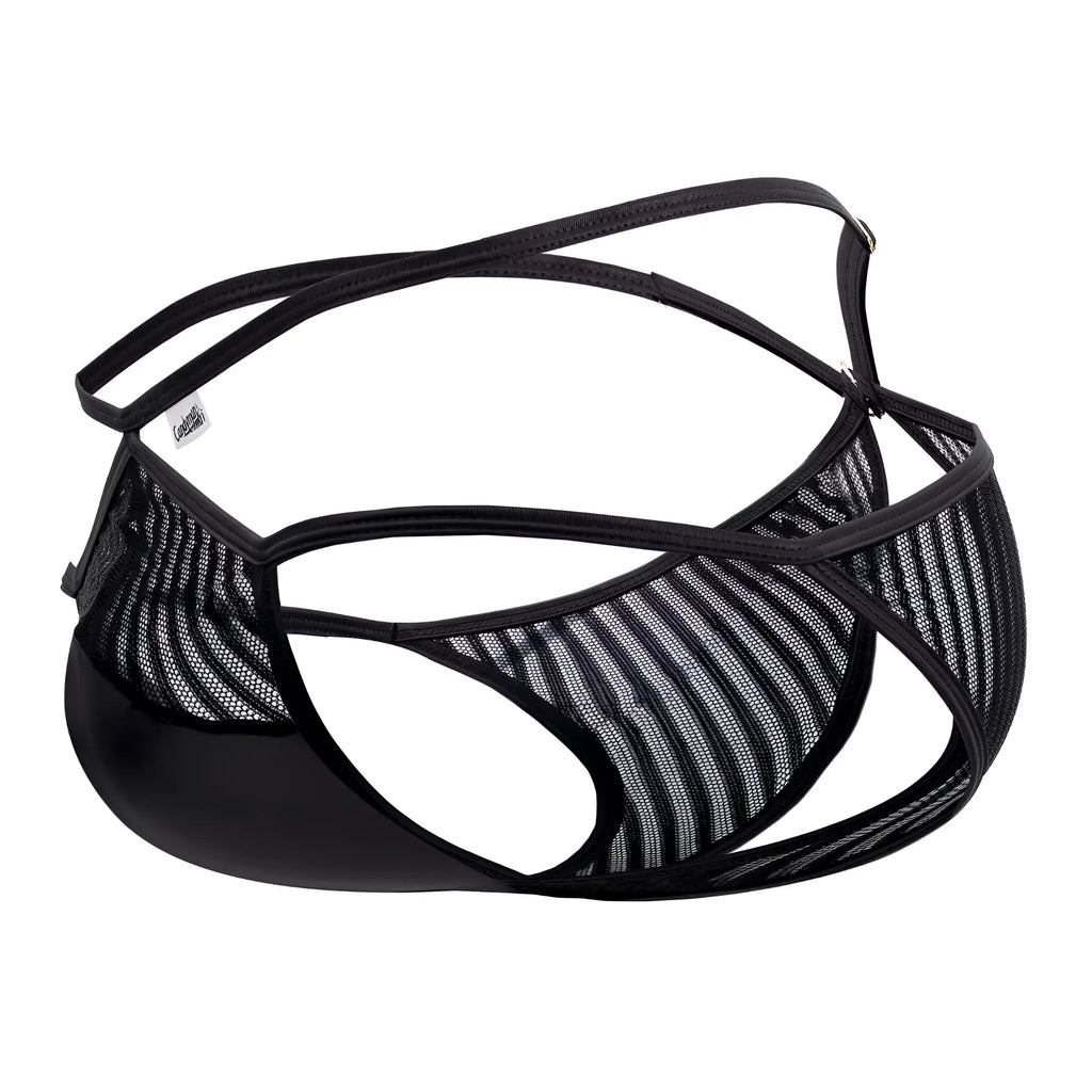 Black mesh thong brief with glossy solid black front panel and adjustable straps by candyman 99681