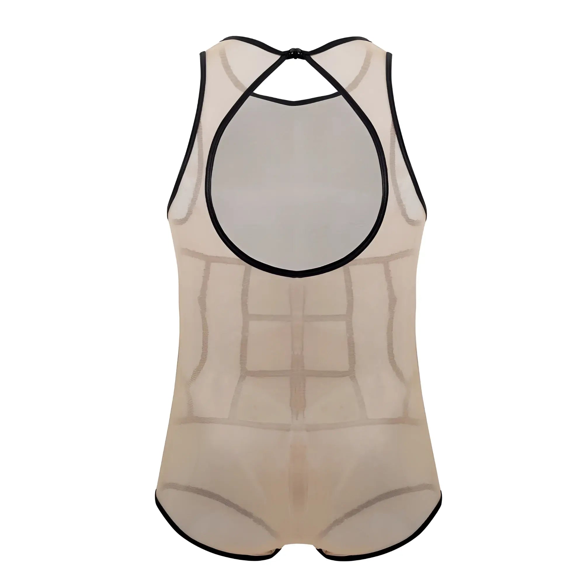 Beige mesh one-piece swimsuit candyMan 99683X tulle bodysuit with black trim and back cutout design from the back