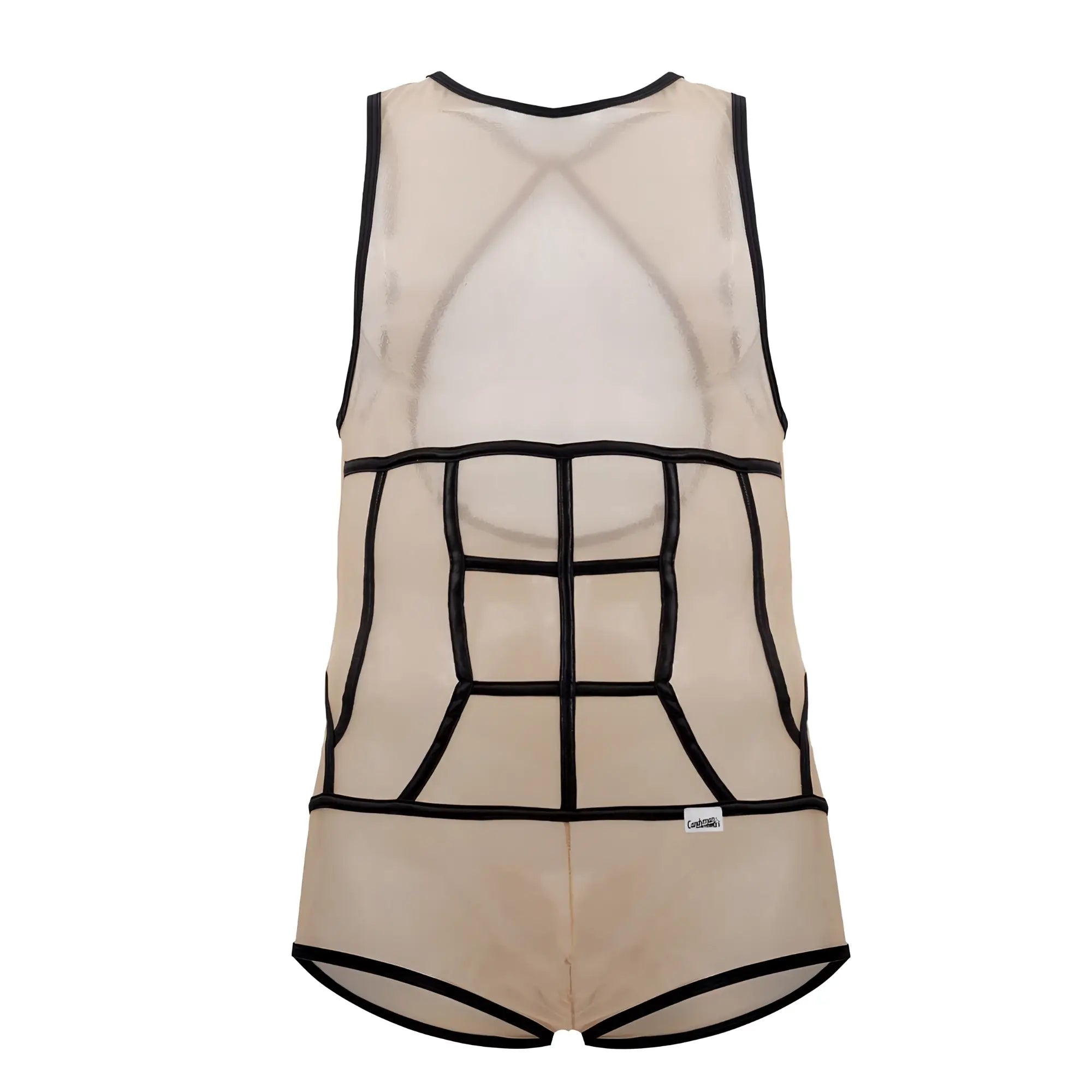 Beig mesh tank top bodysuit by Candyman with black outlined abdominal muscle design in tulle material