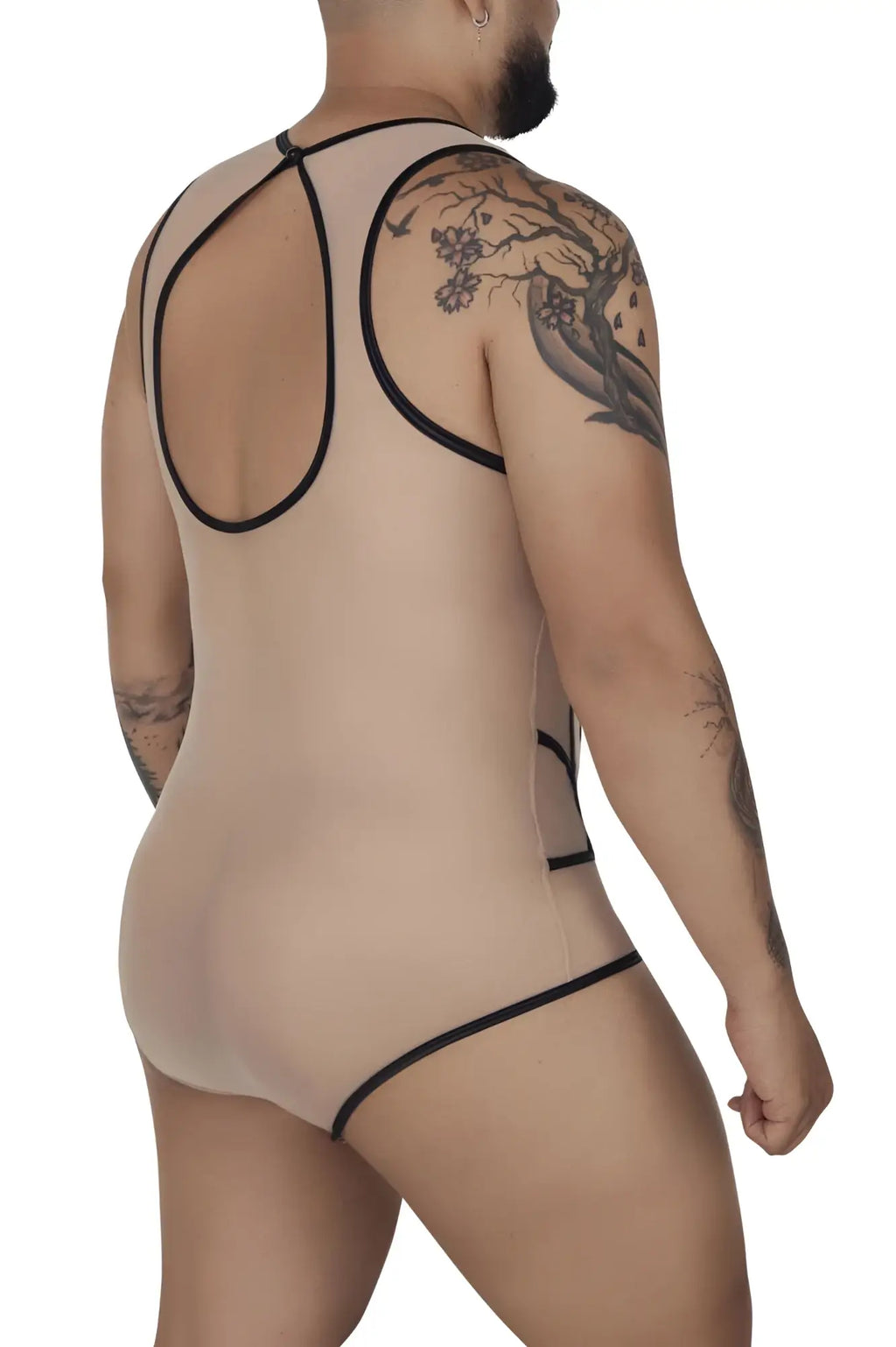 Beige candyMan 99683X tulle bodysuit with sheer fabric black elastic trim and racerback design shown from the back