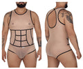Beige candy man 99683x tulle bodysuit with sheer mesh, black outlined paneling, and racerback design shown from the back