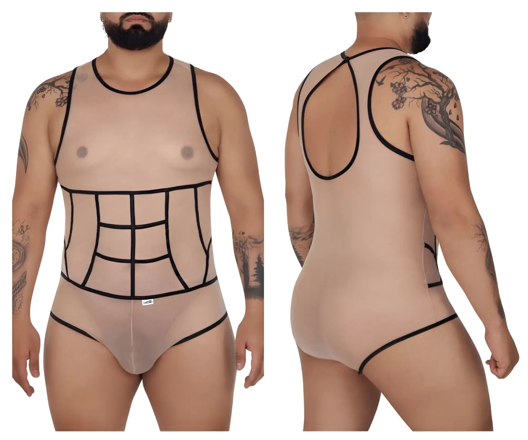Beige candy man 99683x tulle bodysuit with sheer mesh, black outlined paneling, and racerback design shown from the back