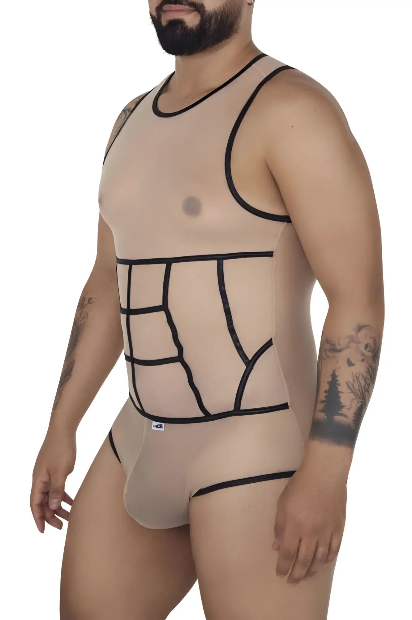 Beigecolor candy man 99683x tulle bodysuit with black outlined grid pattern sheer mesh fabric