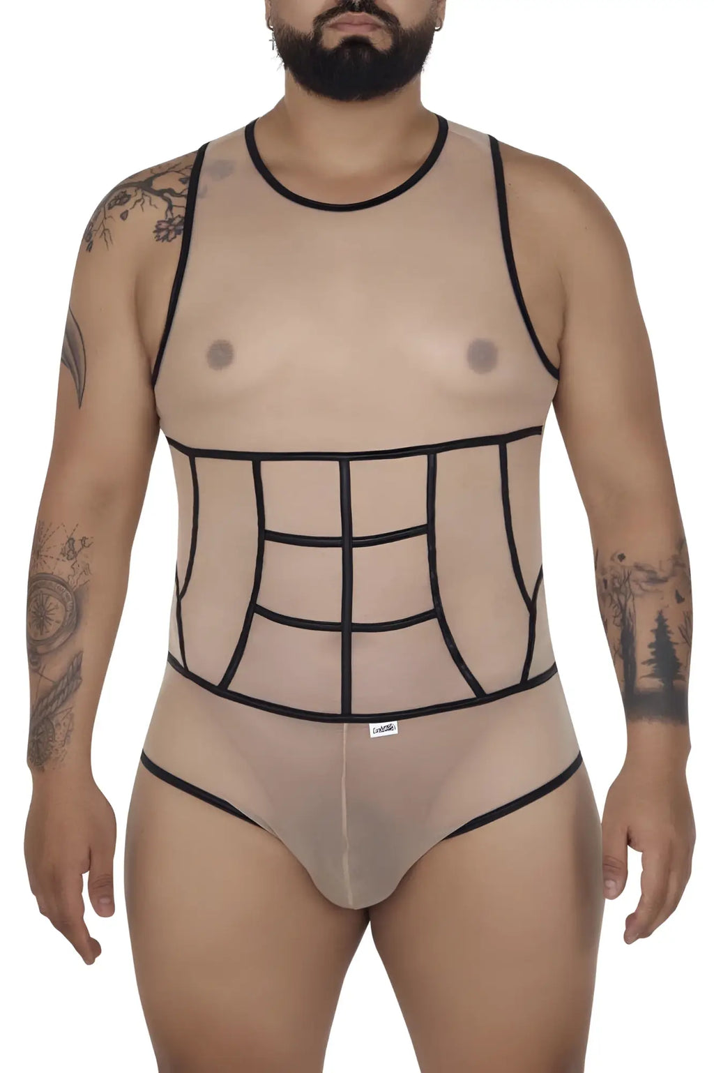 Transparent beige mesh bodysuit with black outlined paneling and trim from CandyMan 99683X tulle bodysuit collection