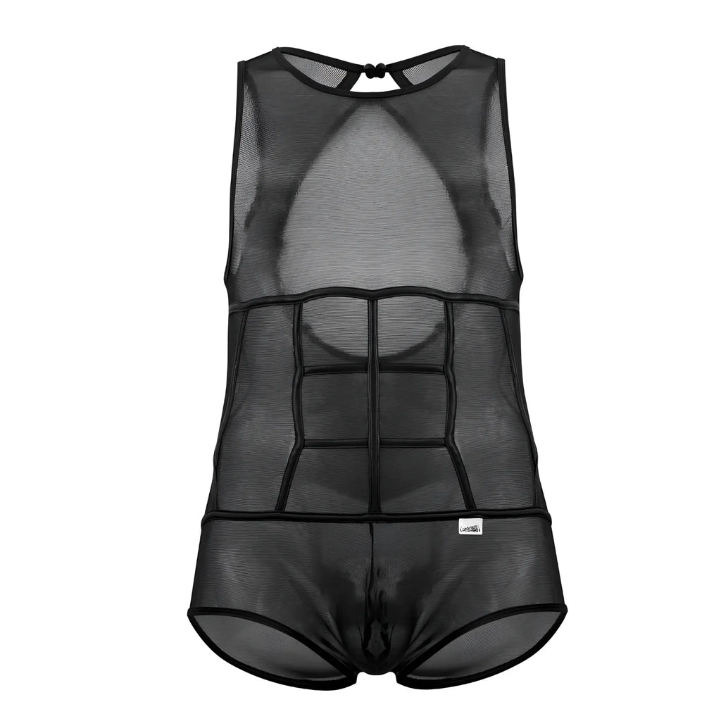 Black candyMan 99683X tulle bodysuit for men with defined abdominal design and mesh material