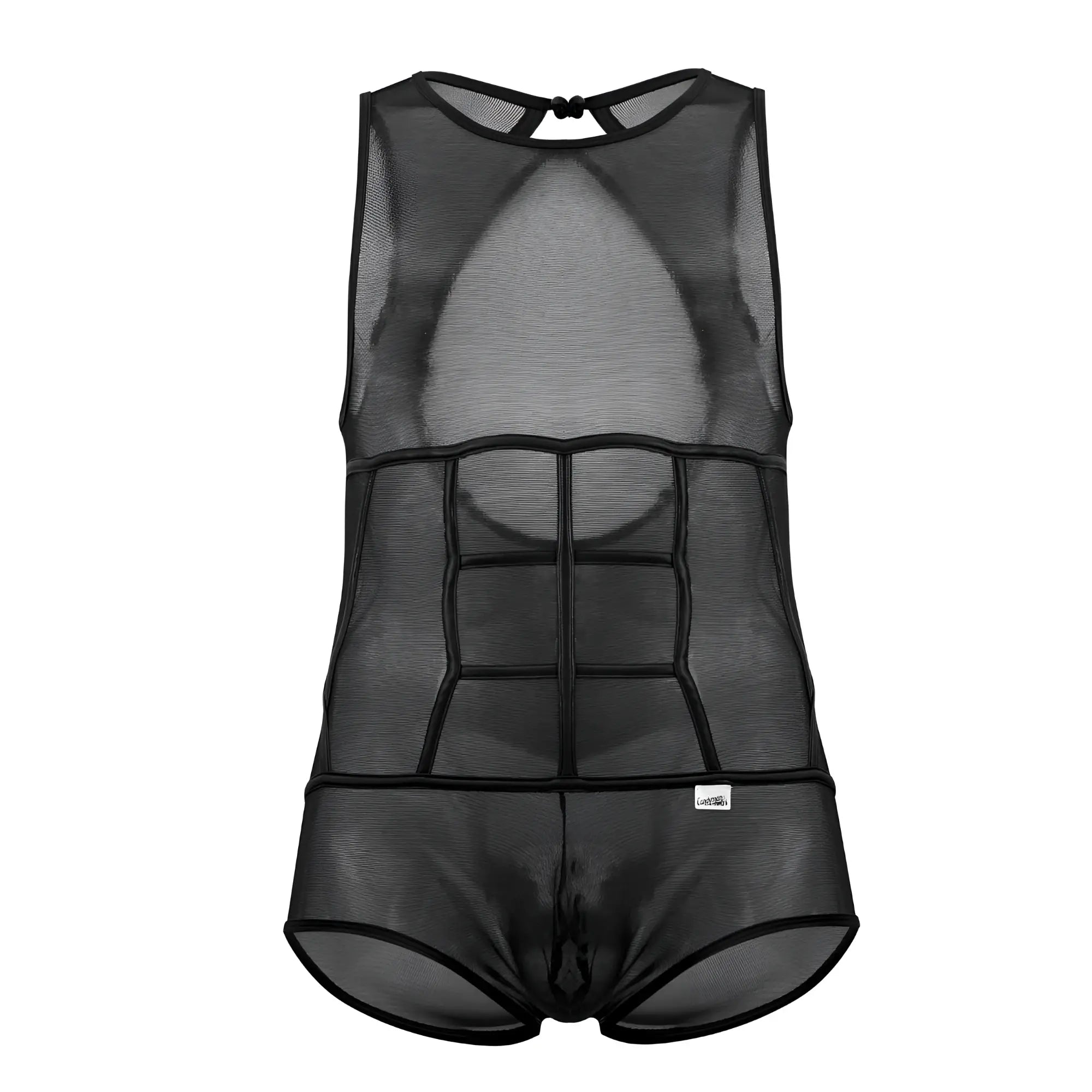 Black candyMan 99683X tulle bodysuit for men with defined abdominal design and mesh material