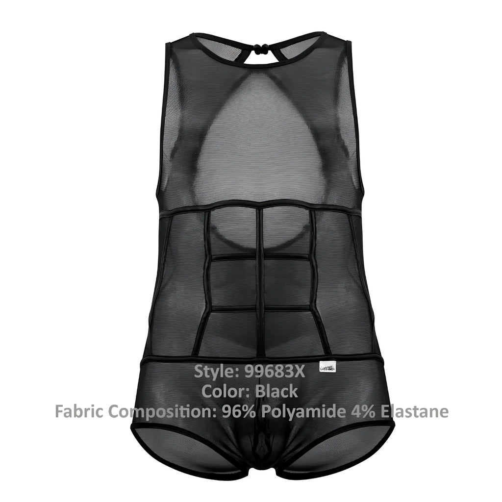 Black mesh men’s bodysuit candyman 99683x with structured six-pack abs design in tulle material