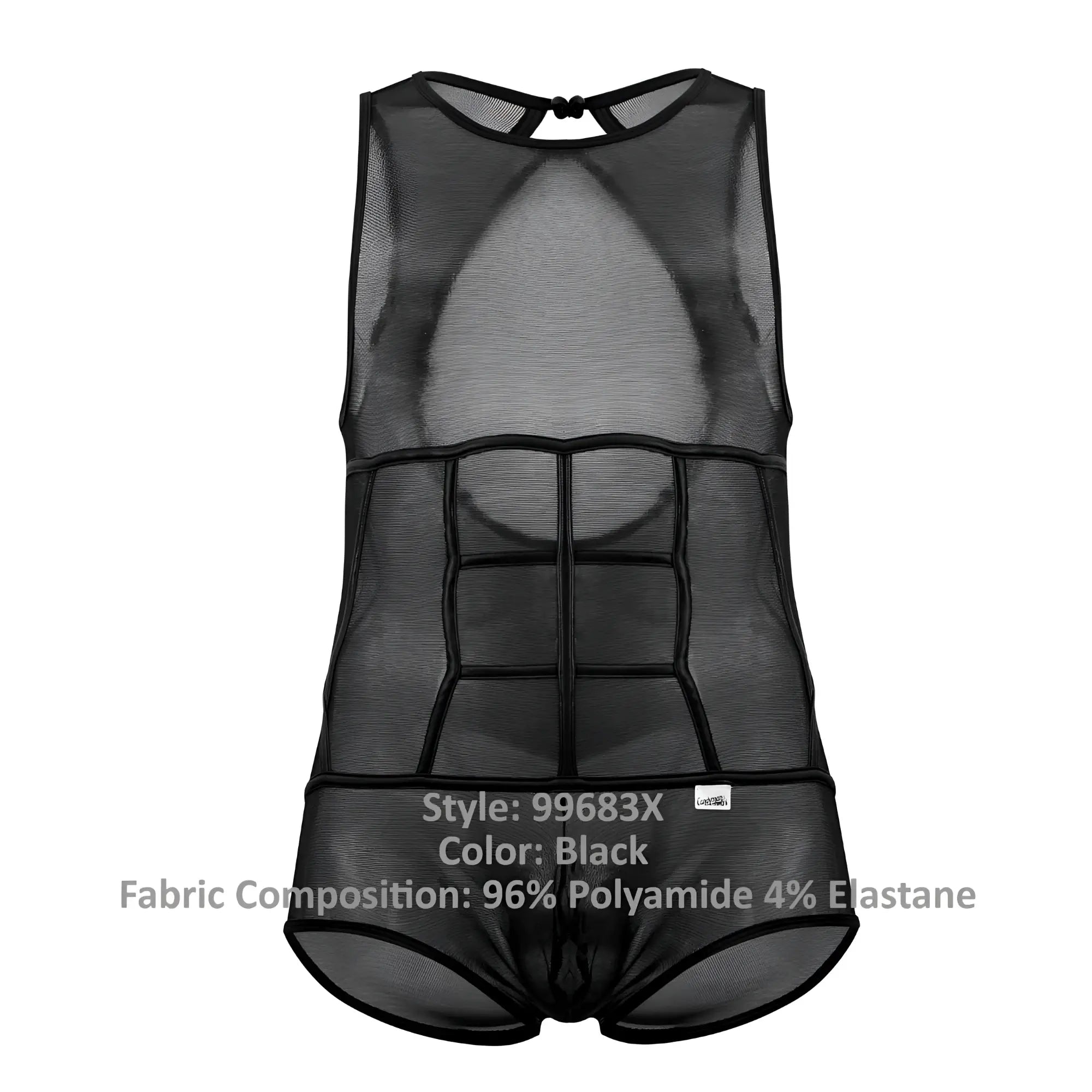 Black mesh men’s bodysuit candyman 99683x with structured six-pack abs design in tulle material