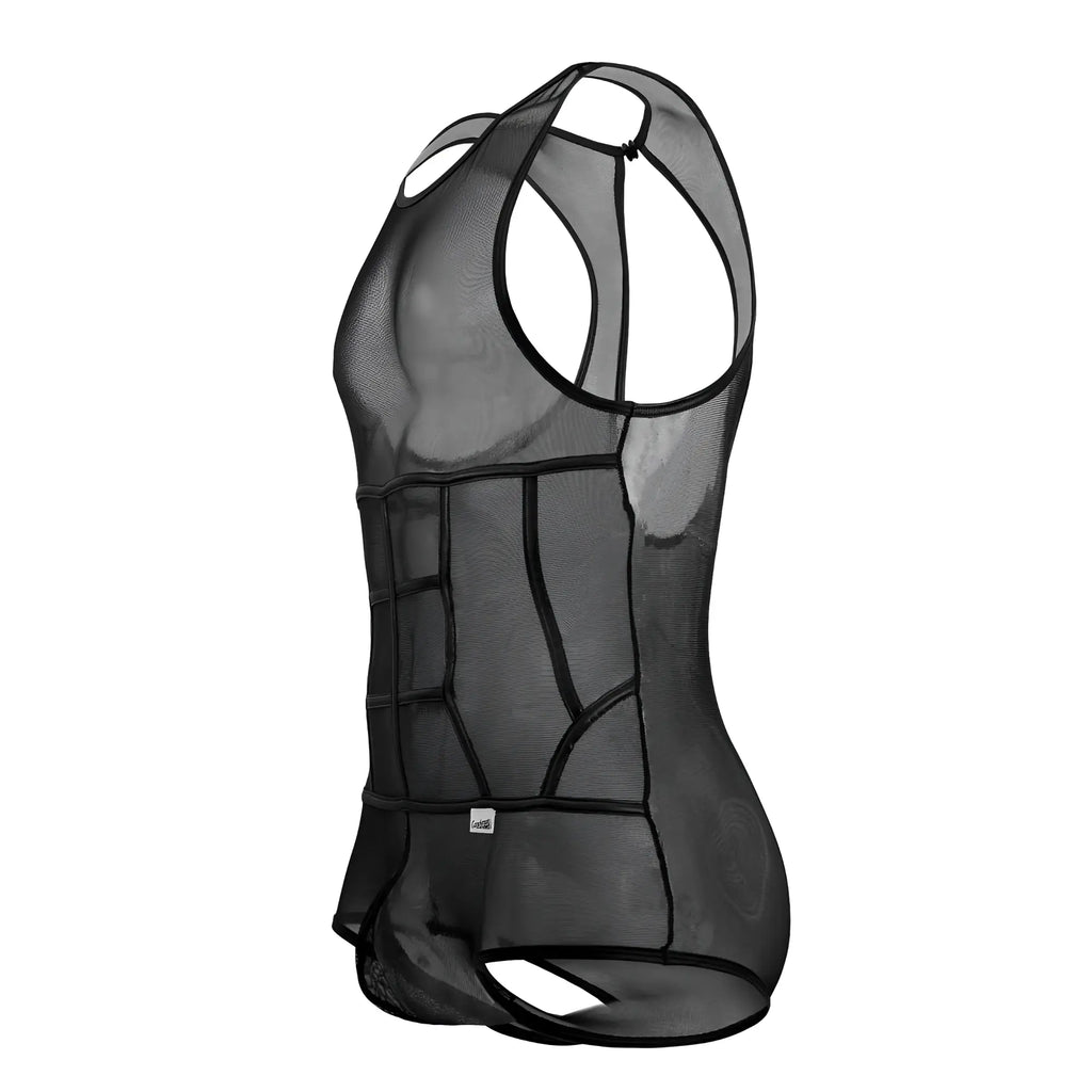 Black CandyMan 99683X tulle bodysuit featuring a sleek mesh tank top design with reinforced paneling