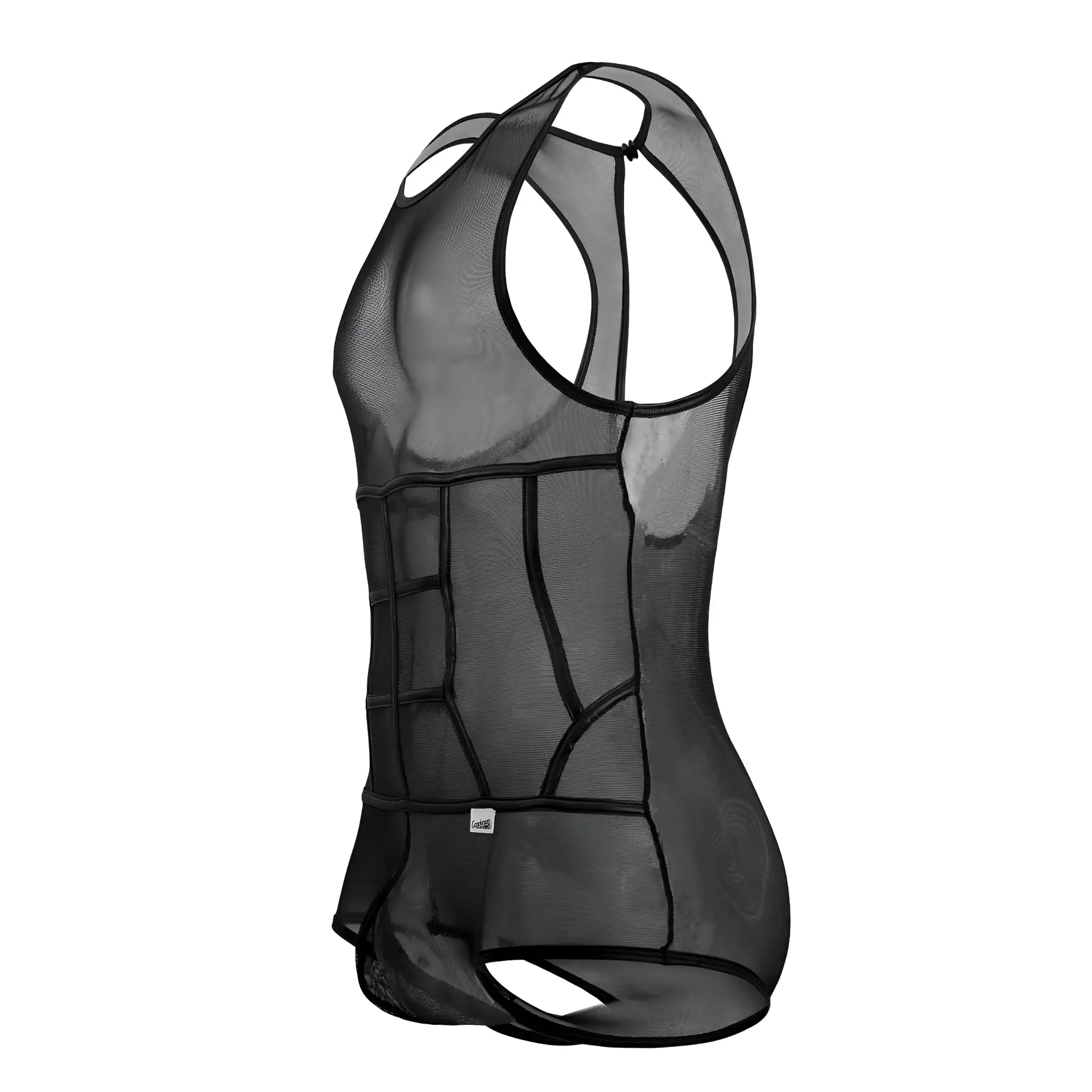 Black CandyMan 99683X tulle bodysuit featuring a sleek mesh tank top design with reinforced paneling